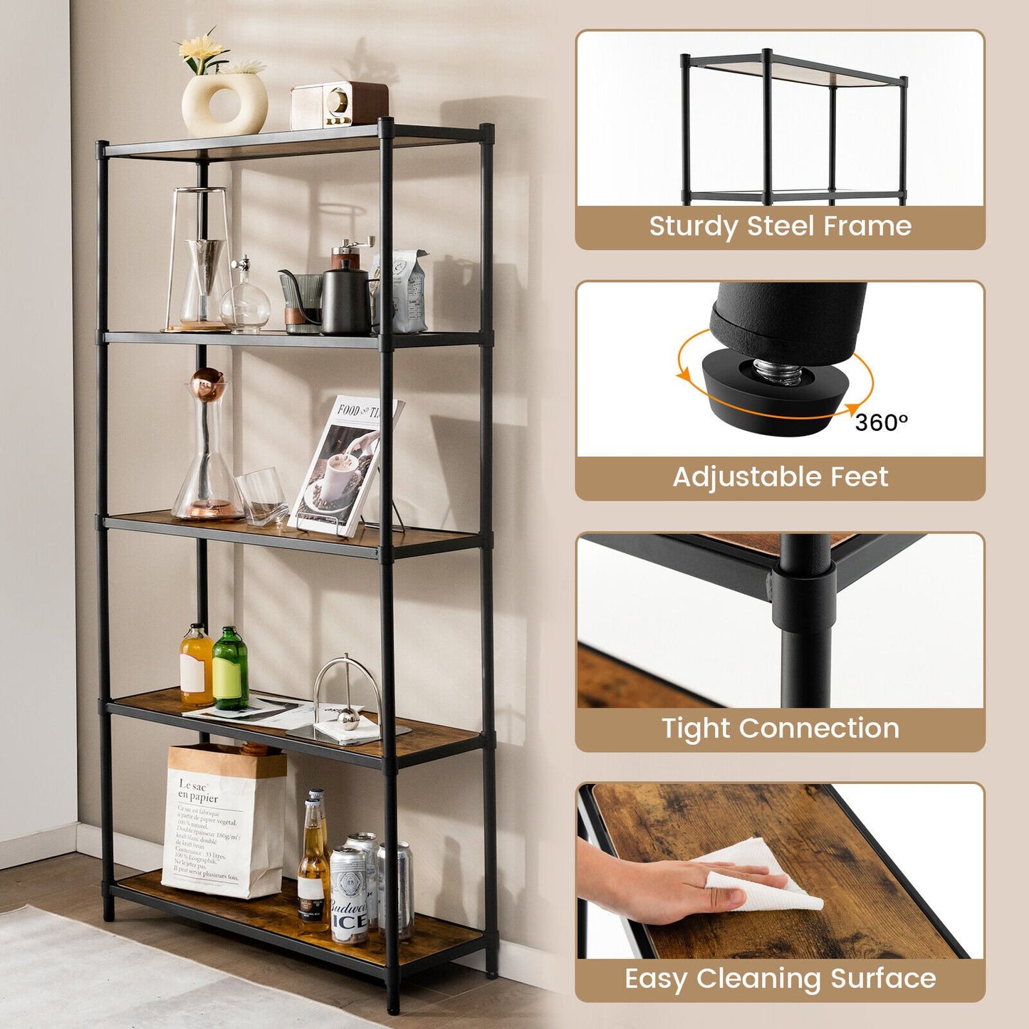 5 Tiers 61 Inch Multi-use Bookshelf with Metal Frame, Black - Gallery Canada