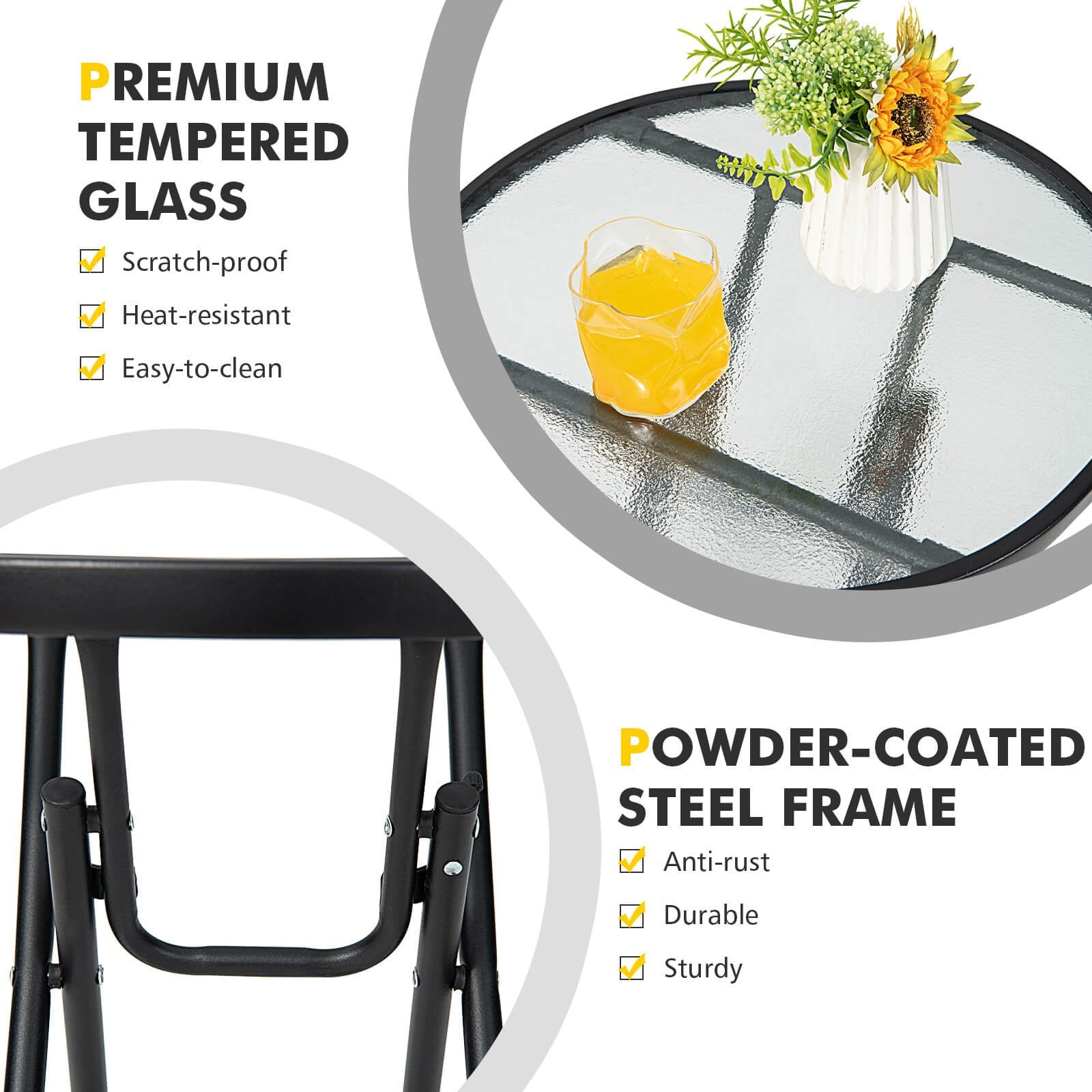 Patio Side Table with Tempered Glass Tabletop, Black - Gallery Canada