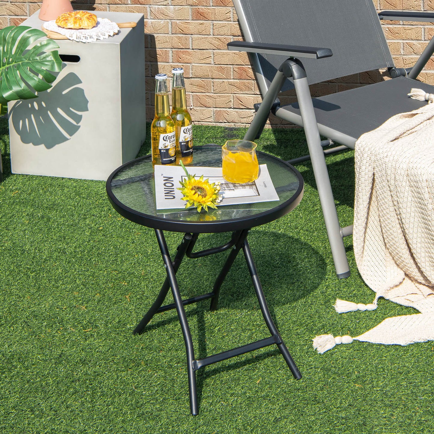Patio Side Table with Tempered Glass Tabletop, Black - Gallery Canada