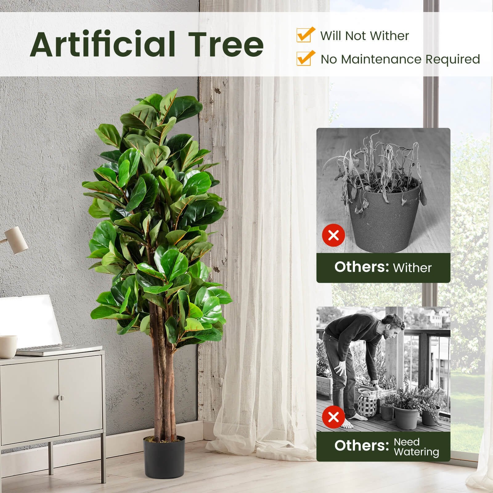 5 Feet Artificial Fiddle Leaf Fig Tree Decorative Planter, Green Faux Plants   at Gallery Canada