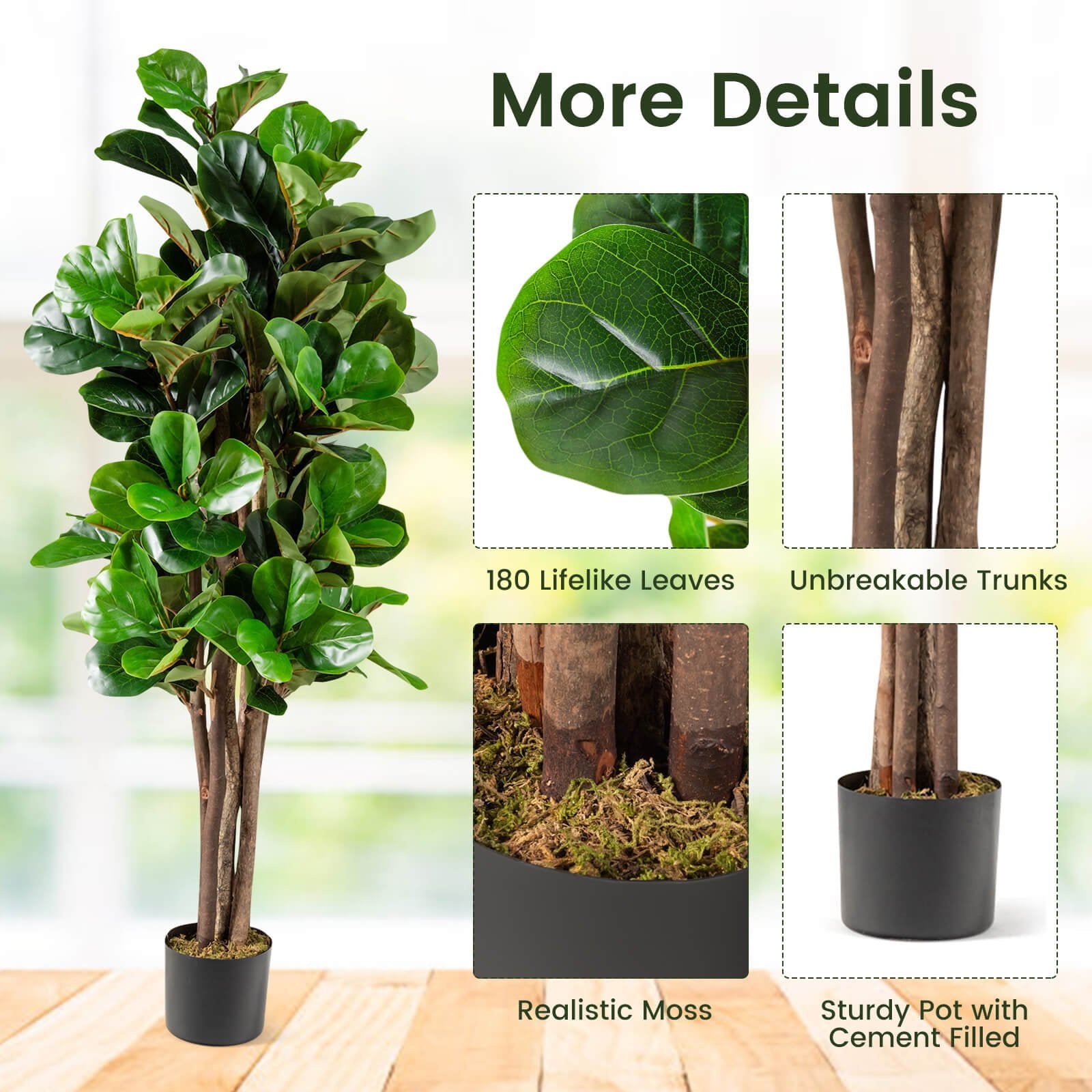 5 Feet Artificial Fiddle Leaf Fig Tree Decorative Planter, Green Faux Plants   at Gallery Canada