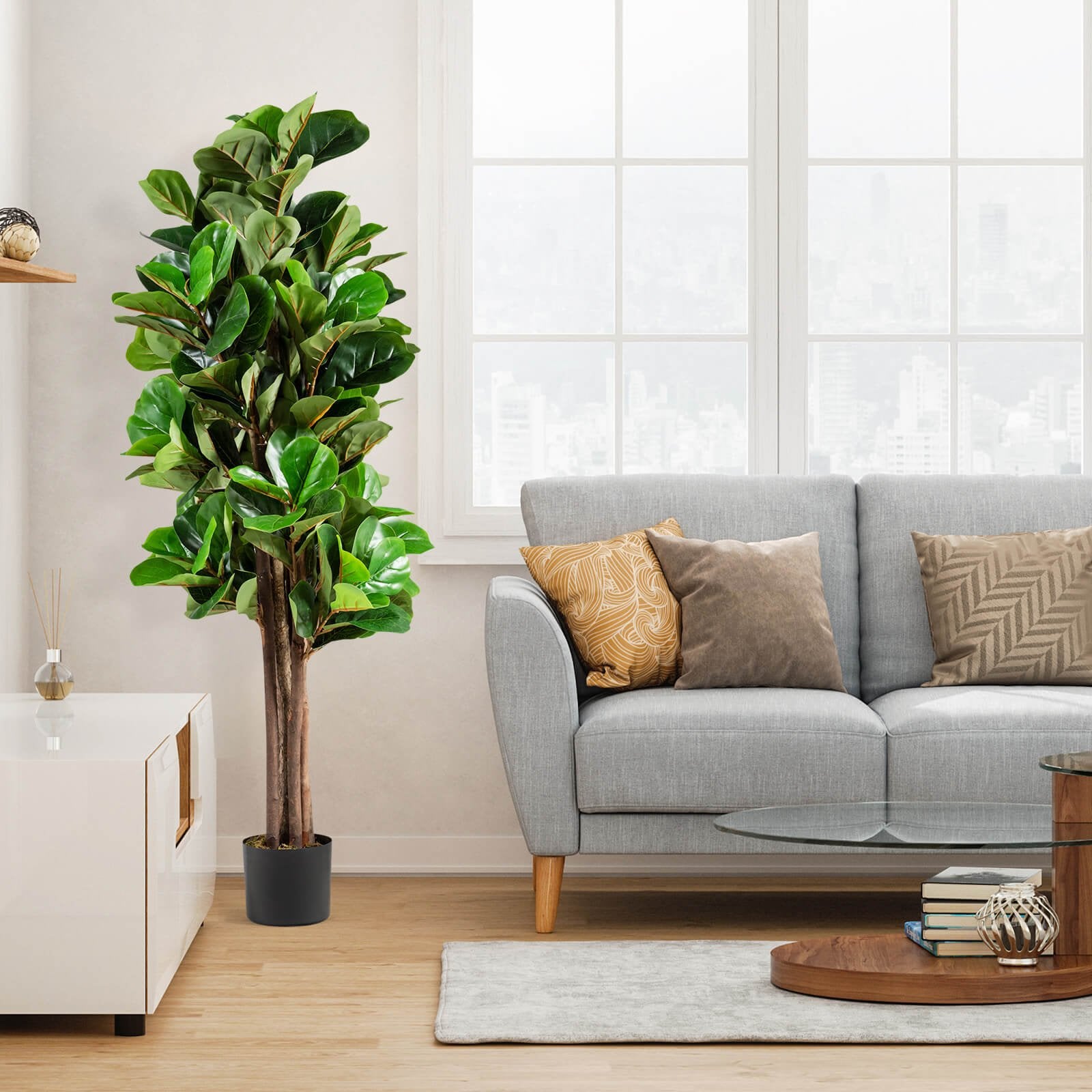 5 Feet Artificial Fiddle Leaf Fig Tree Decorative Planter, Green Faux Plants   at Gallery Canada