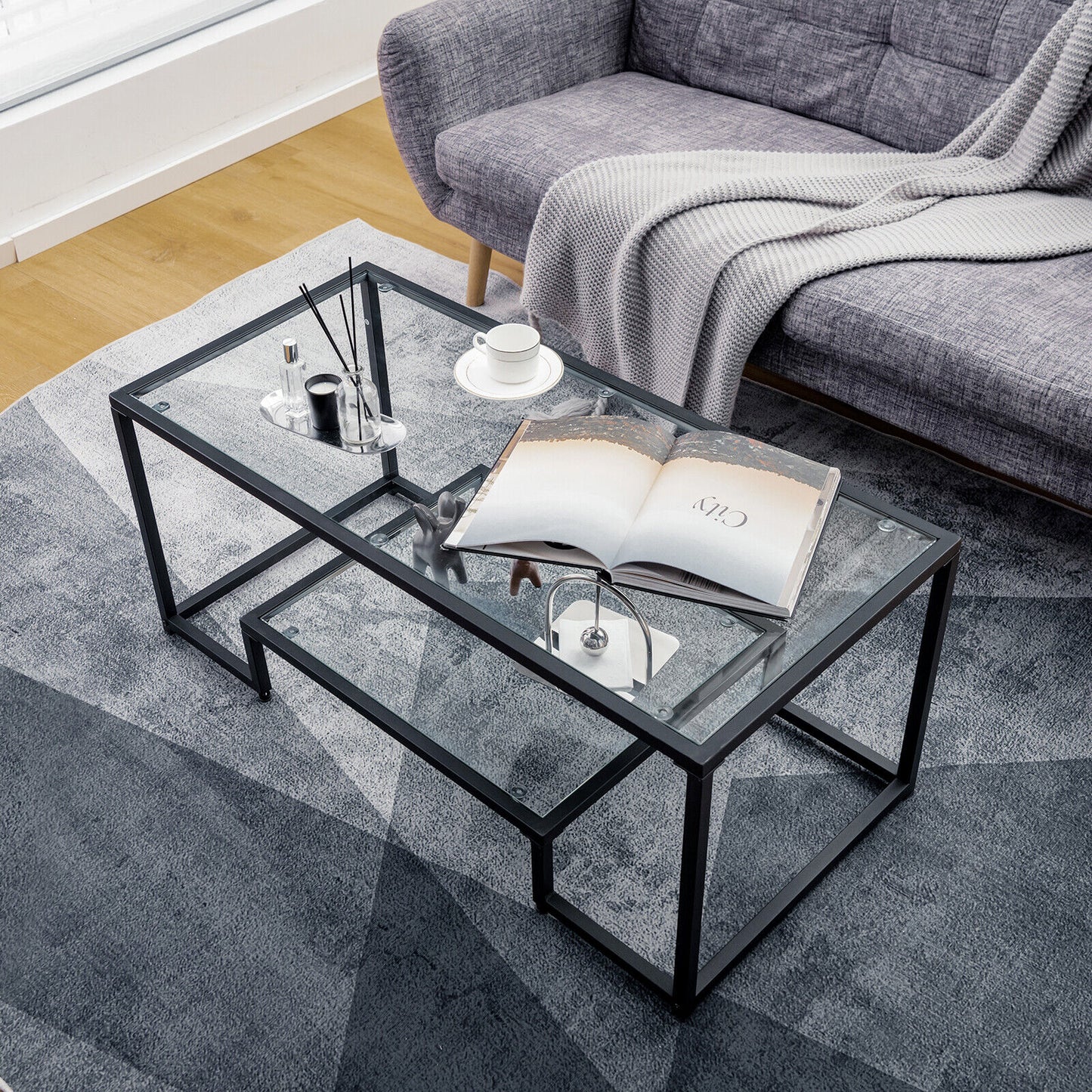 Modern Rectangular Coffee Table with Glass Table Top, Black Coffee Tables   at Gallery Canada