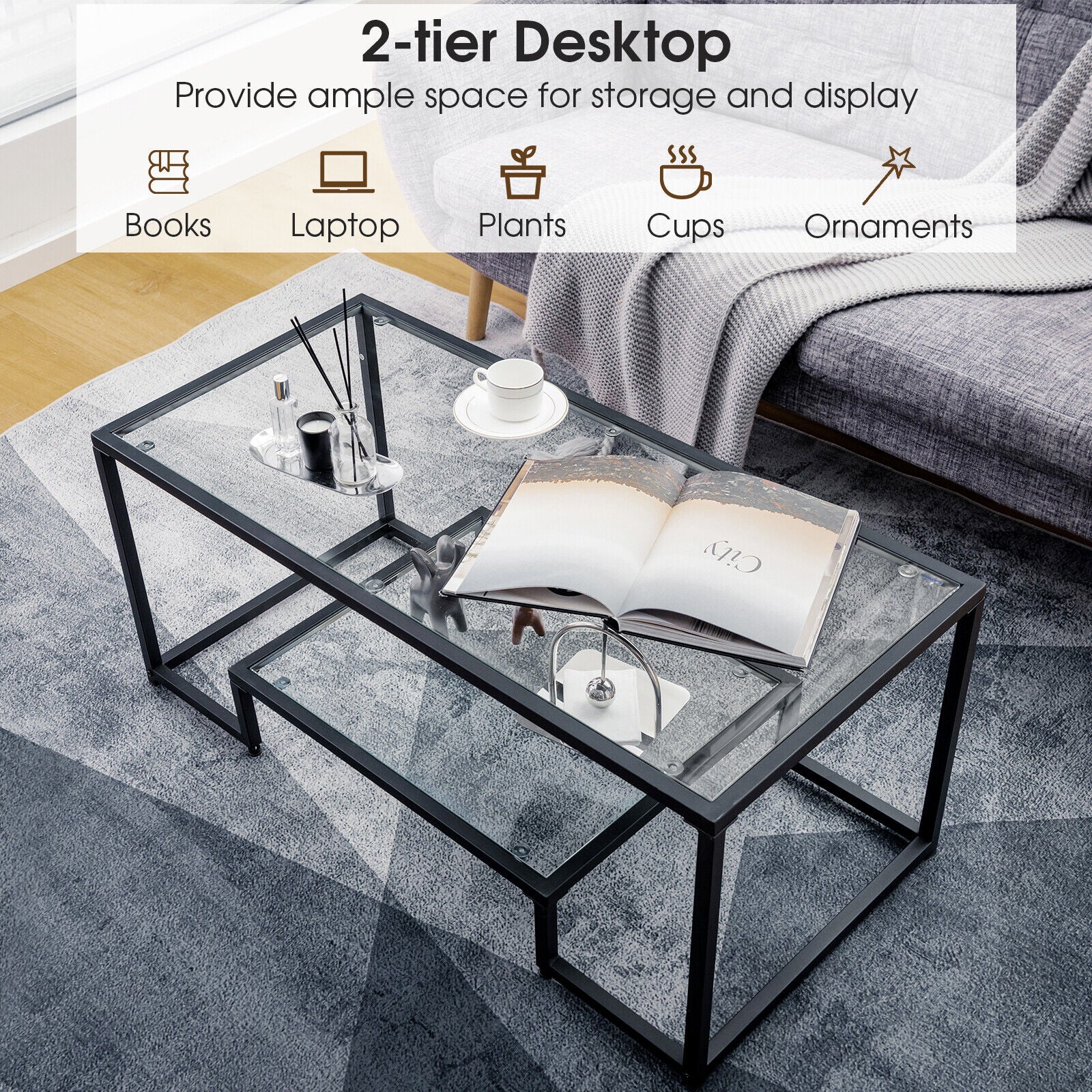 Modern Rectangular Coffee Table with Glass Table Top, Black Coffee Tables   at Gallery Canada