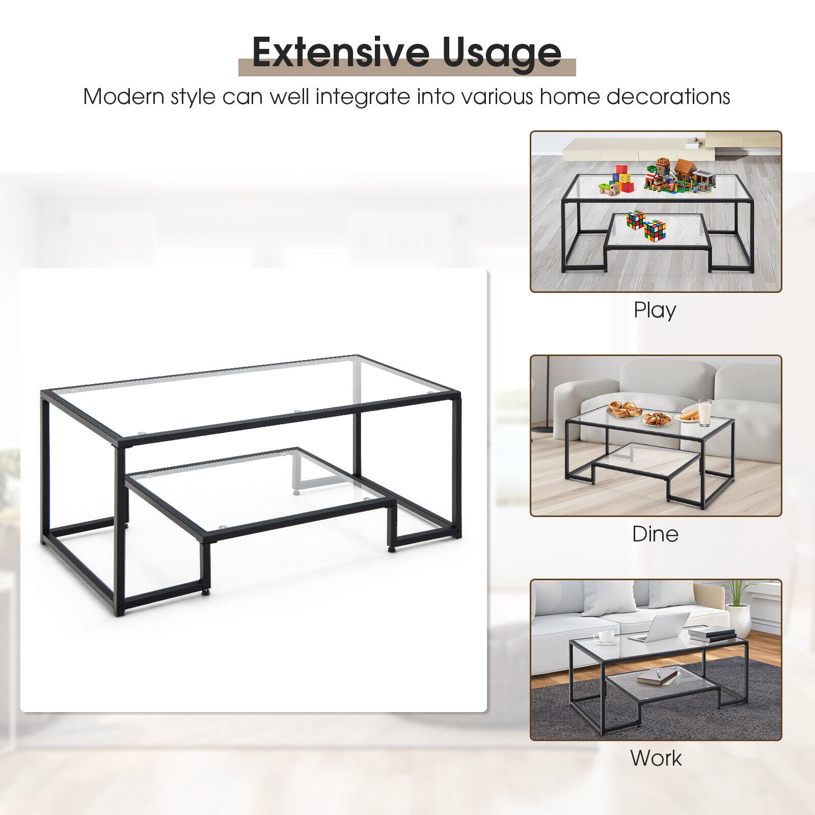 Modern Rectangular Coffee Table with Glass Table Top, Black Coffee Tables   at Gallery Canada