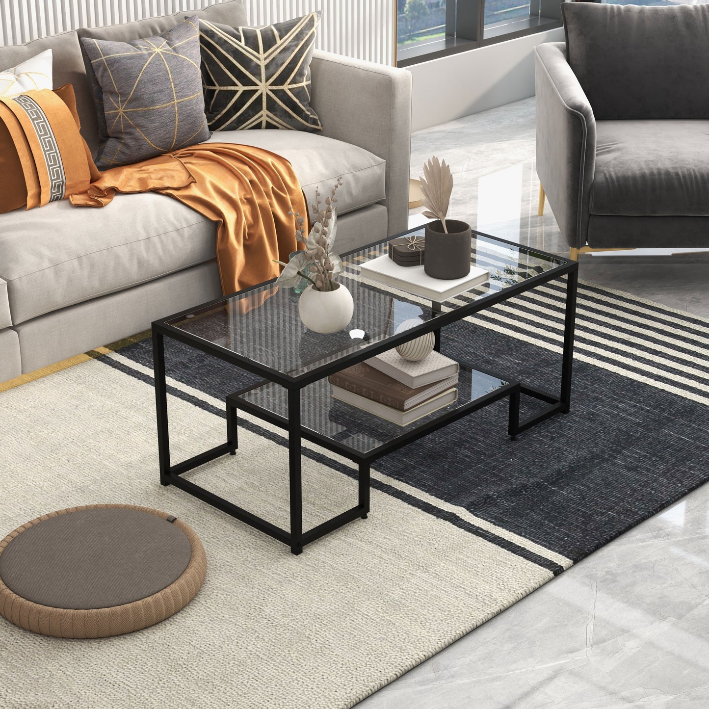 Modern Rectangular Coffee Table with Glass Table Top, Black Coffee Tables   at Gallery Canada