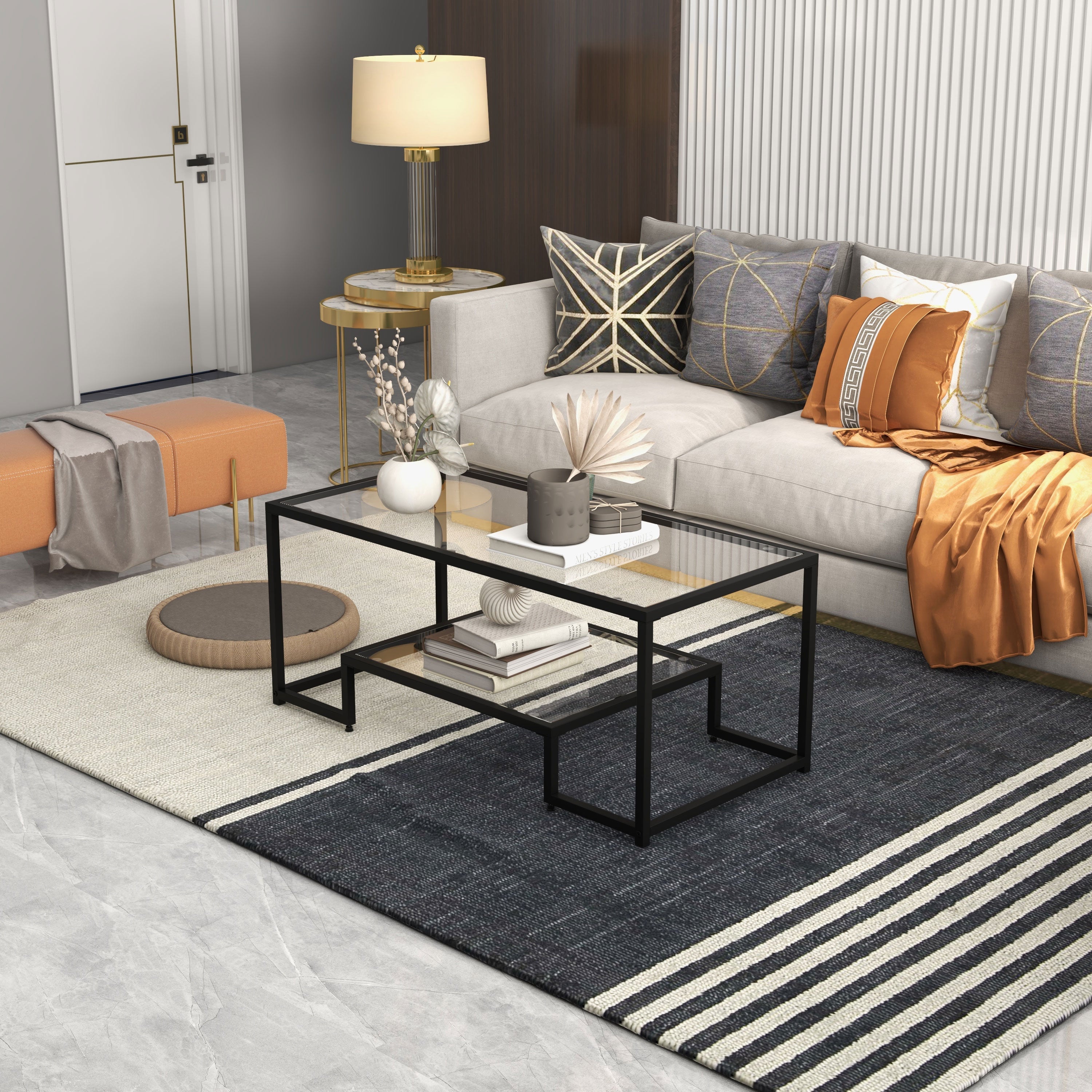 Modern Rectangular Coffee Table with Glass Table Top, Black Coffee Tables   at Gallery Canada