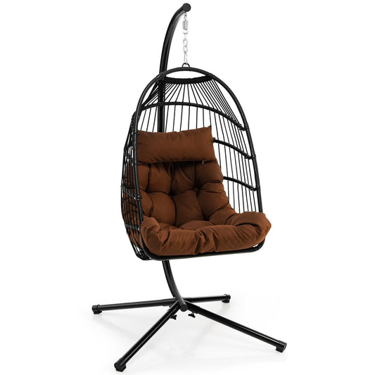 Patio Hanging Egg Chair with Stand Waterproof Cover and Folding Basket, Brown - Gallery Canada