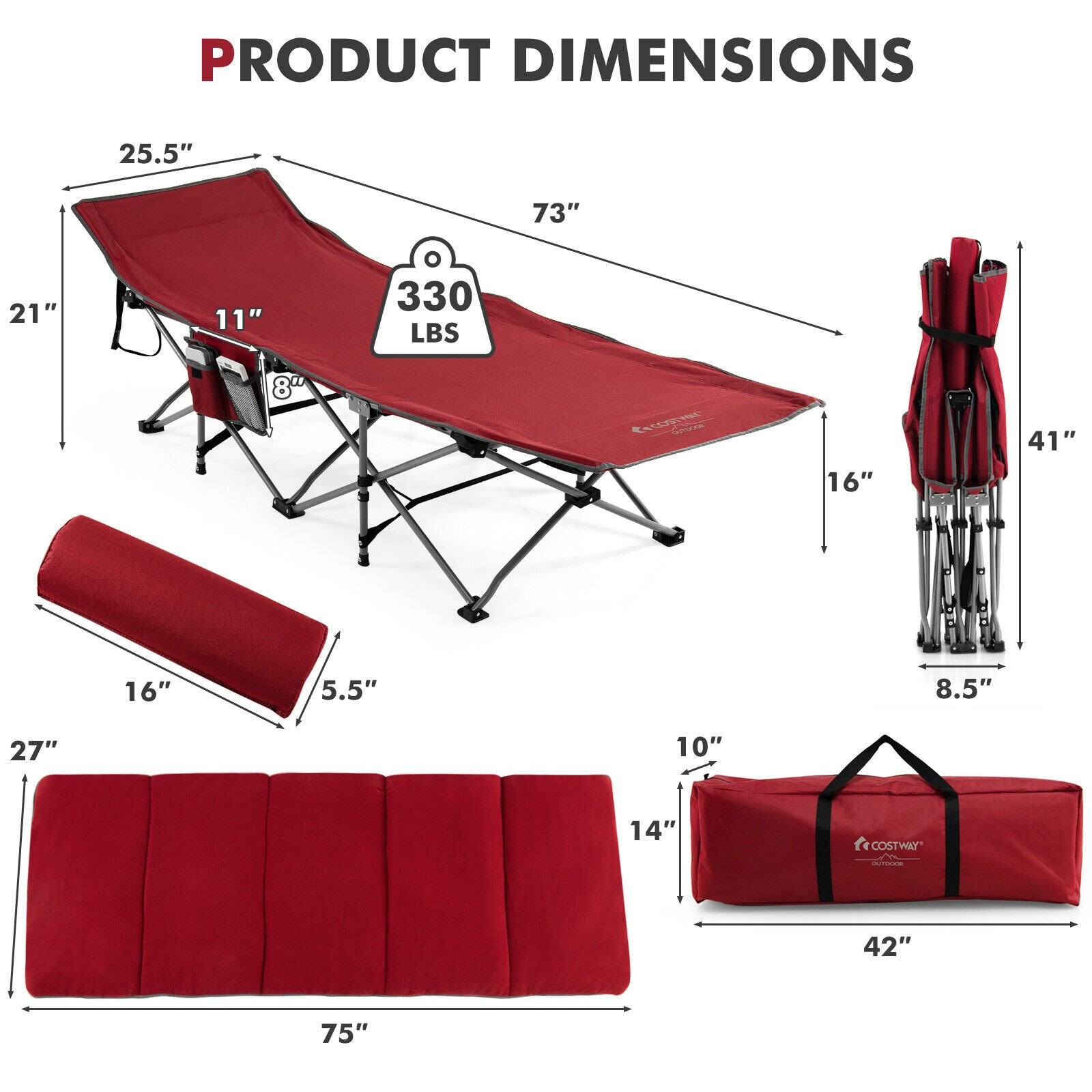 Folding Retractable Travel Camping Cot with Mattress and Carry Bag, Red Camping Furniture   at Gallery Canada