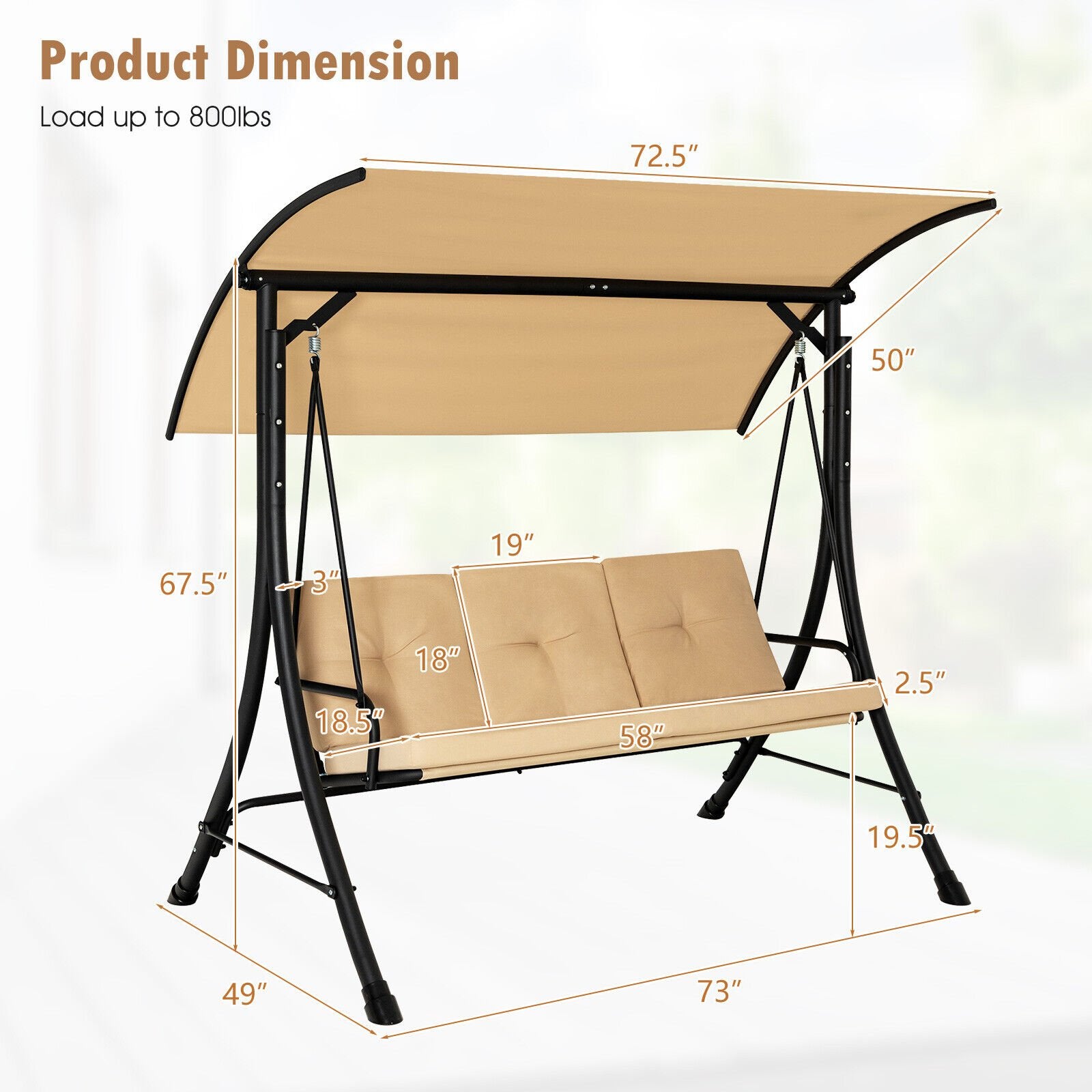 3-Seat Outdoor Porch Swing with Adjustable Canopy and Padded Cushions, Beige Porch Swings   at Gallery Canada