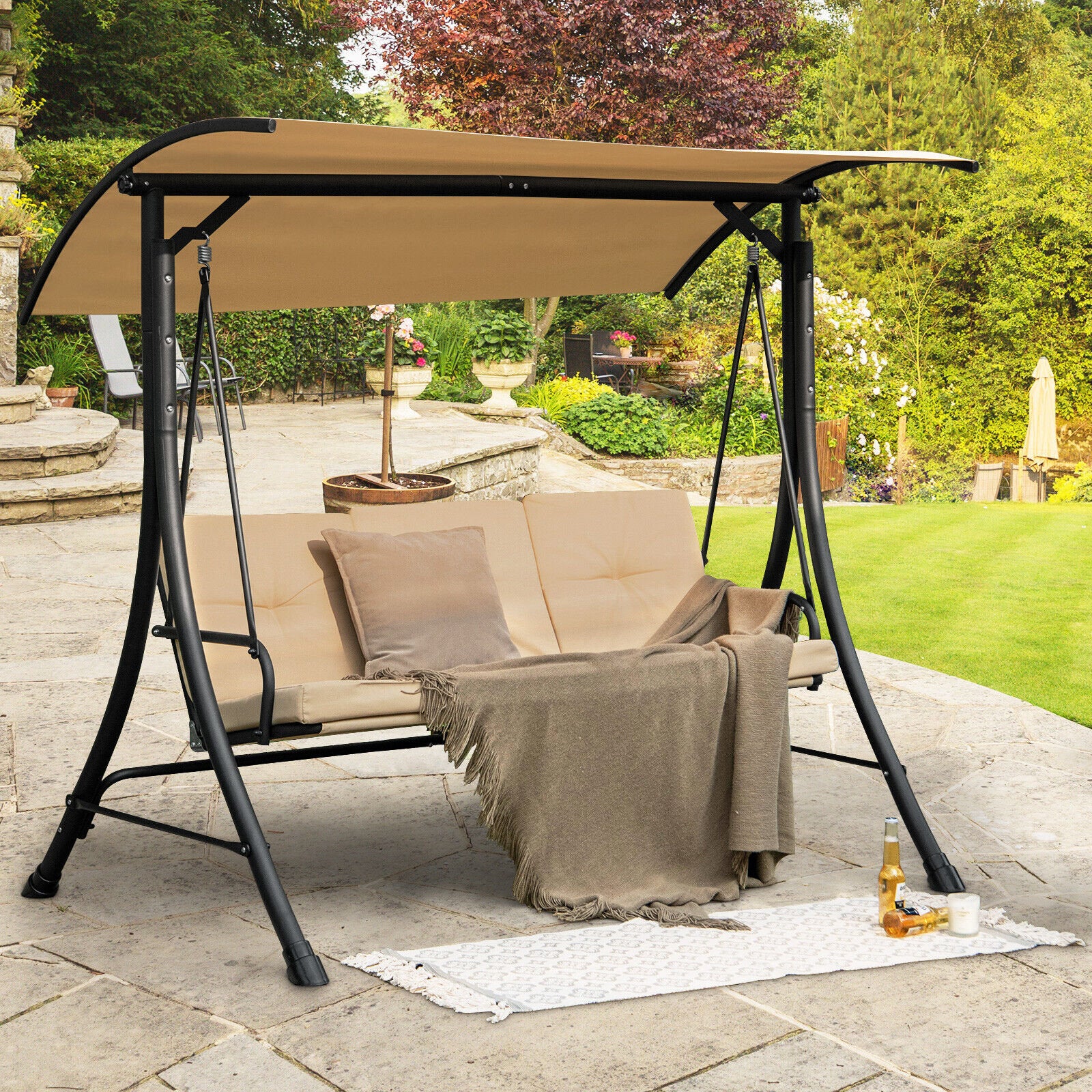 3-Seat Outdoor Porch Swing with Adjustable Canopy and Padded Cushions, Beige Porch Swings   at Gallery Canada