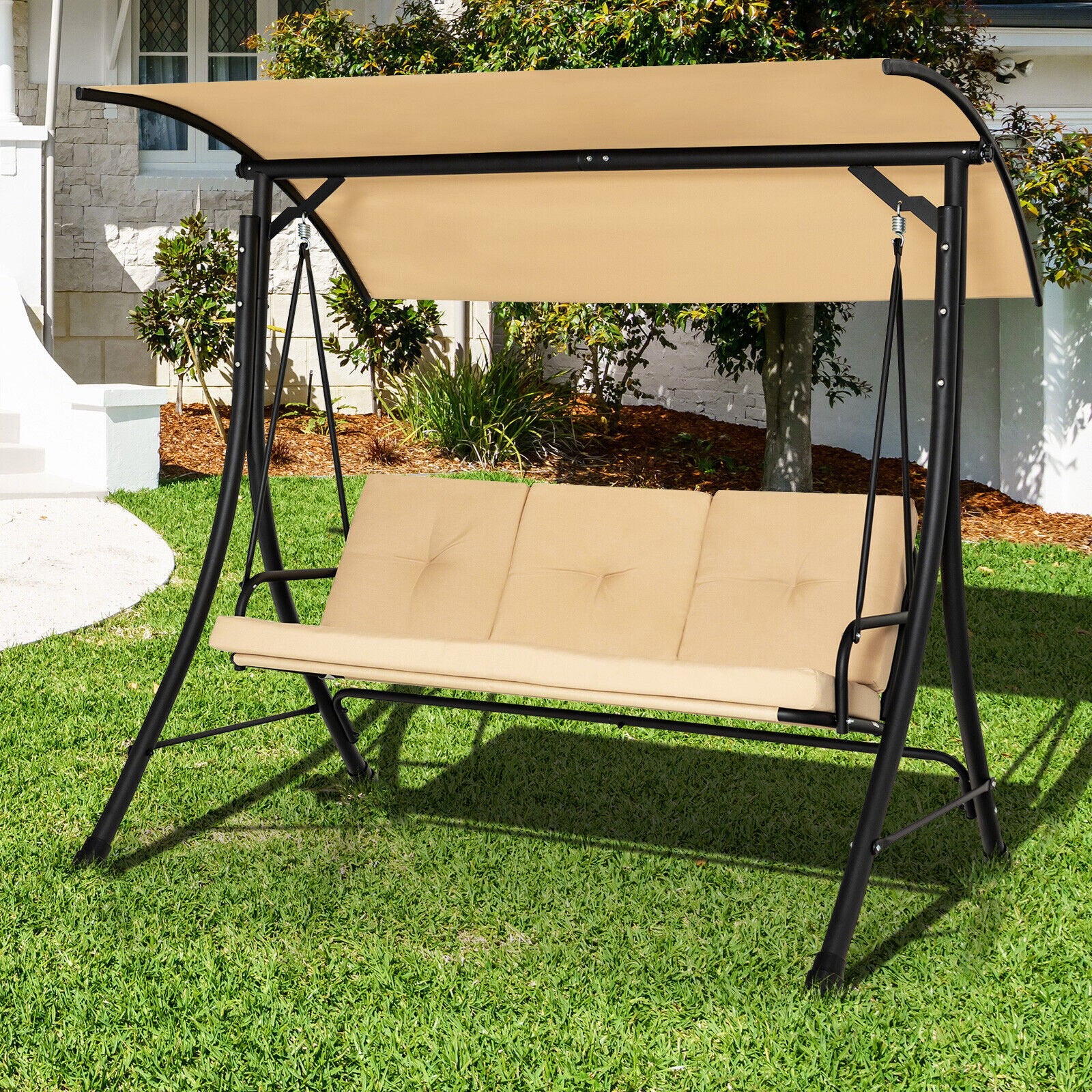 3-Seat Outdoor Porch Swing with Adjustable Canopy and Padded Cushions, Beige Porch Swings   at Gallery Canada