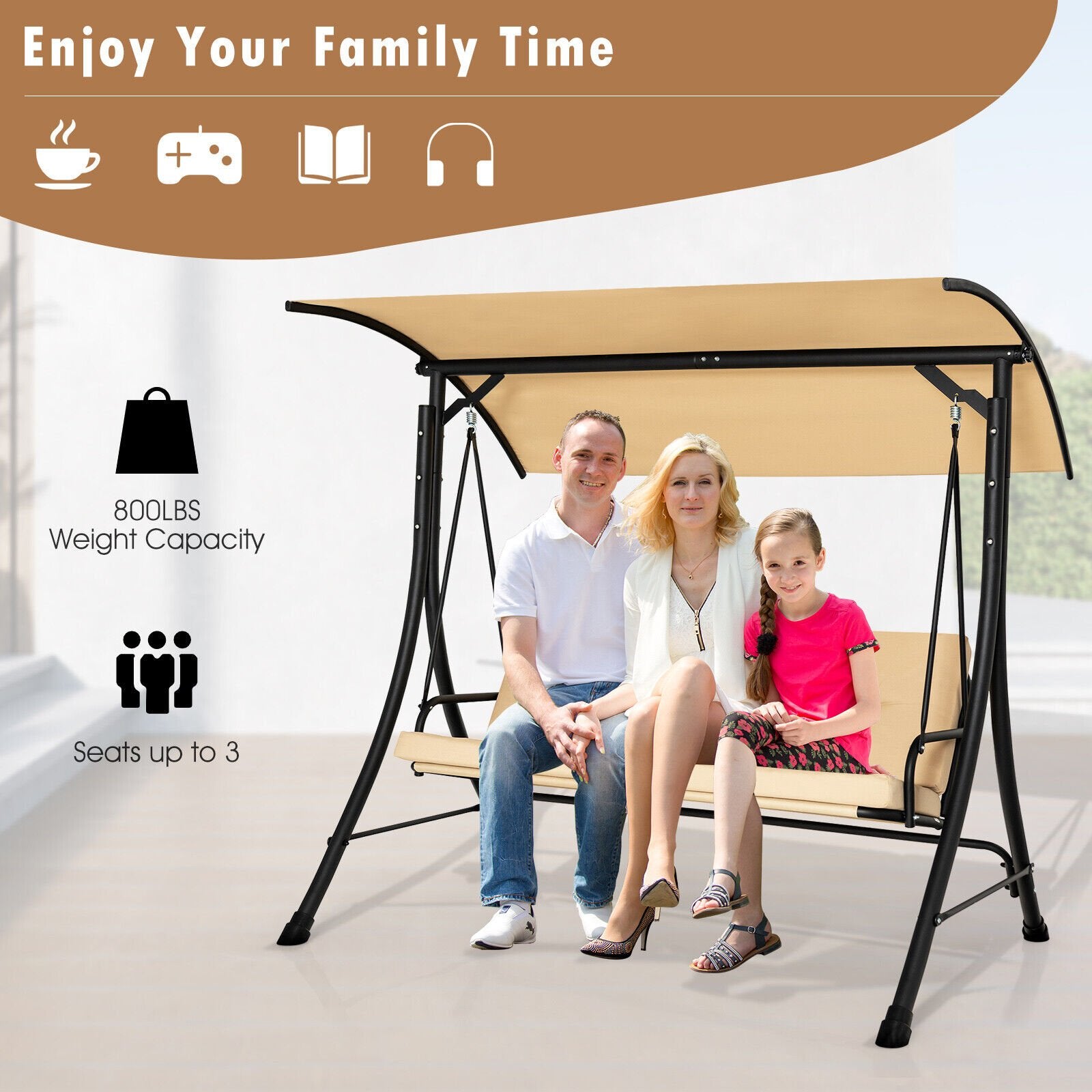 3-Seat Outdoor Porch Swing with Adjustable Canopy and Padded Cushions, Beige Porch Swings   at Gallery Canada