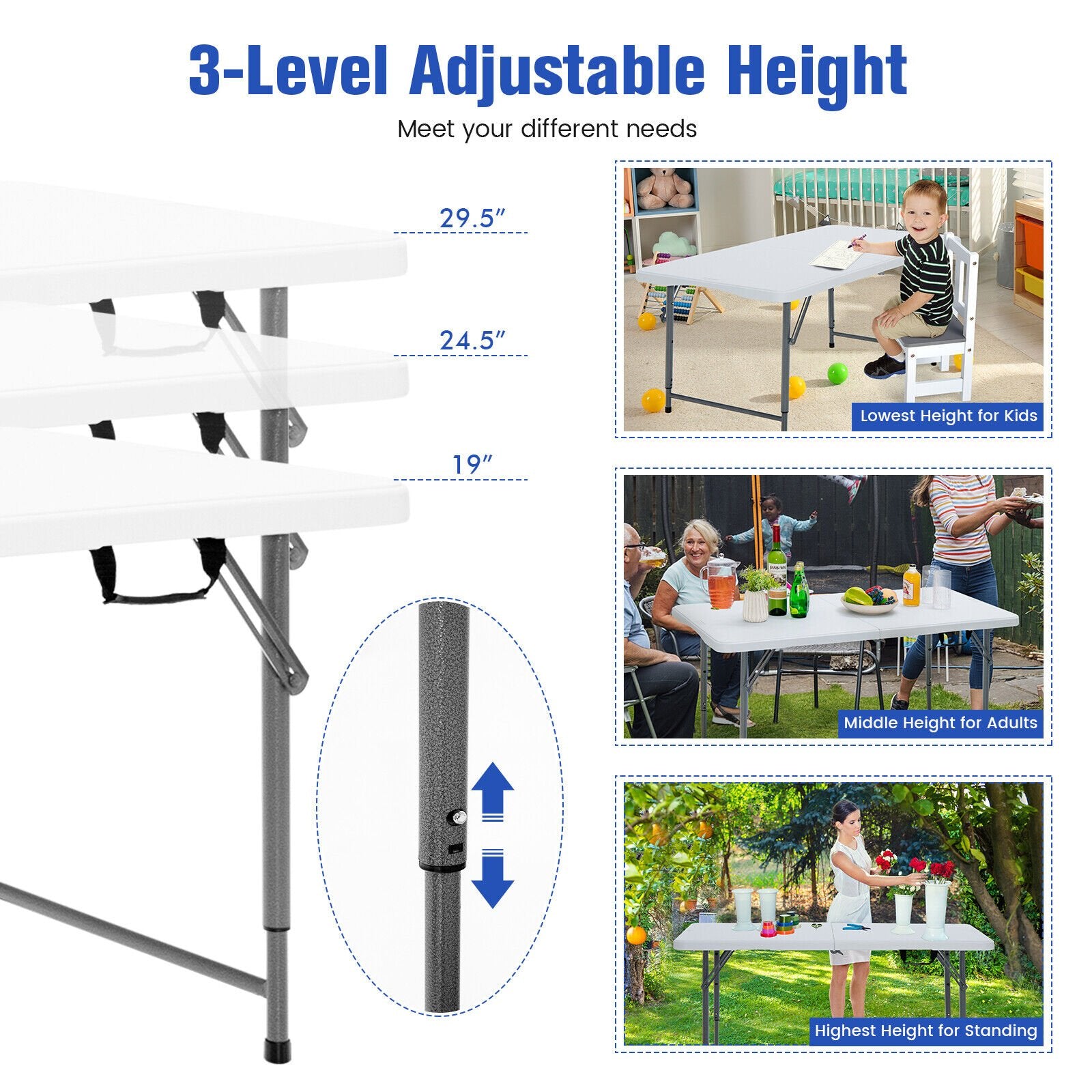 3-Level Height Adjustable Folding Table, White Camping Furniture   at Gallery Canada