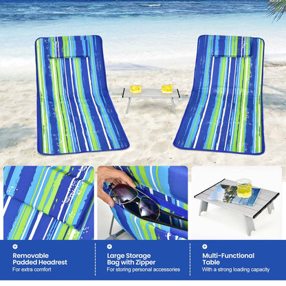 3 Pieces Beach Lounge Chair Mat Set 2 Adjustable Lounge Chairs with Table Stripe-Stripe, Blue & Green - Gallery Canada