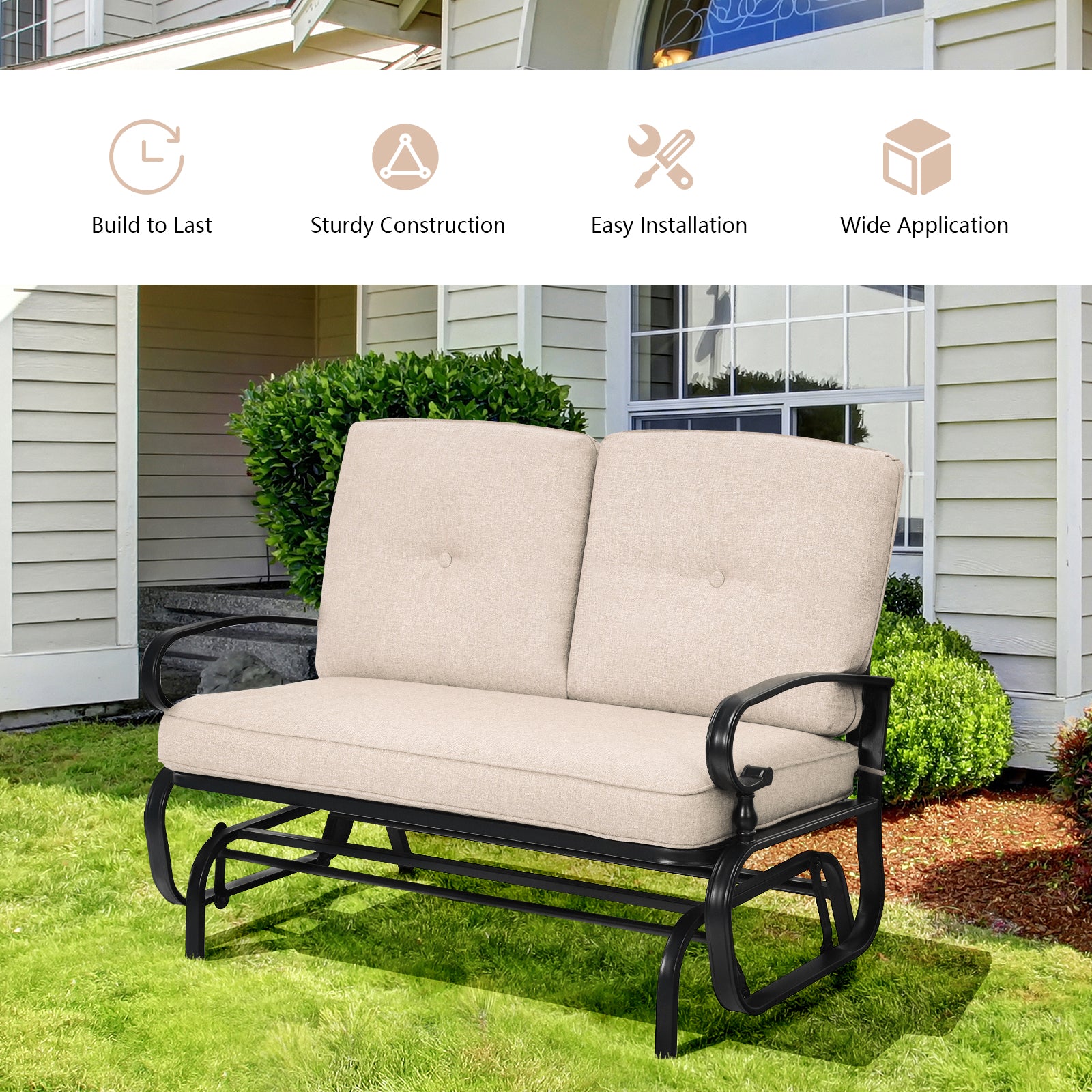 2 Seats Outdoor Swing Glider Chair with Comfortable Cushions, Beige - Gallery Canada
