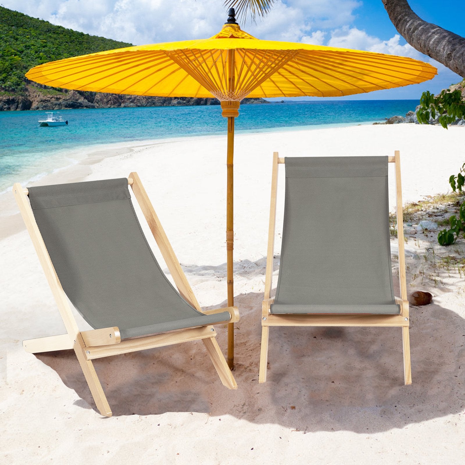 3-Position Adjustable and Foldable Wood Beach Sling Chair with Free Cushion, Gray Beach & Lawn Chairs   at Gallery Canada