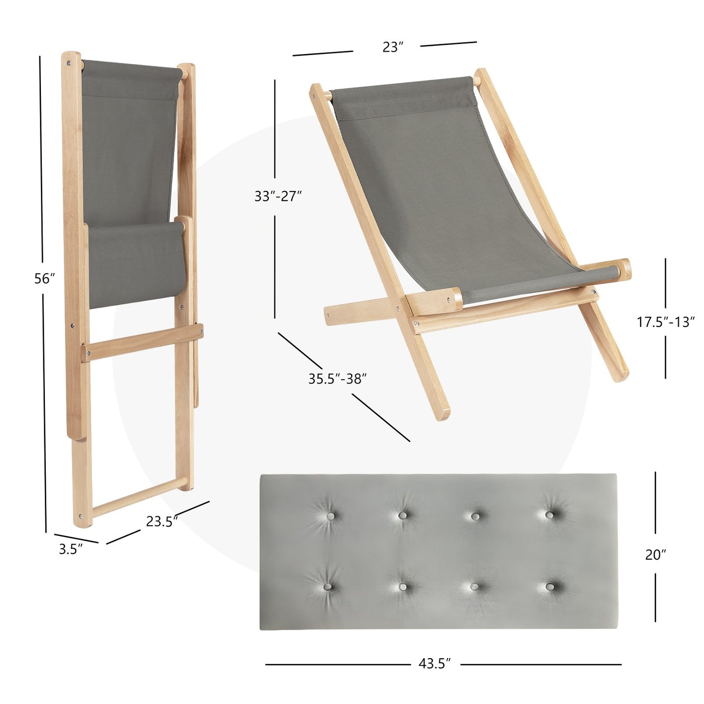 3-Position Adjustable and Foldable Wood Beach Sling Chair with Free Cushion, Gray - Gallery Canada