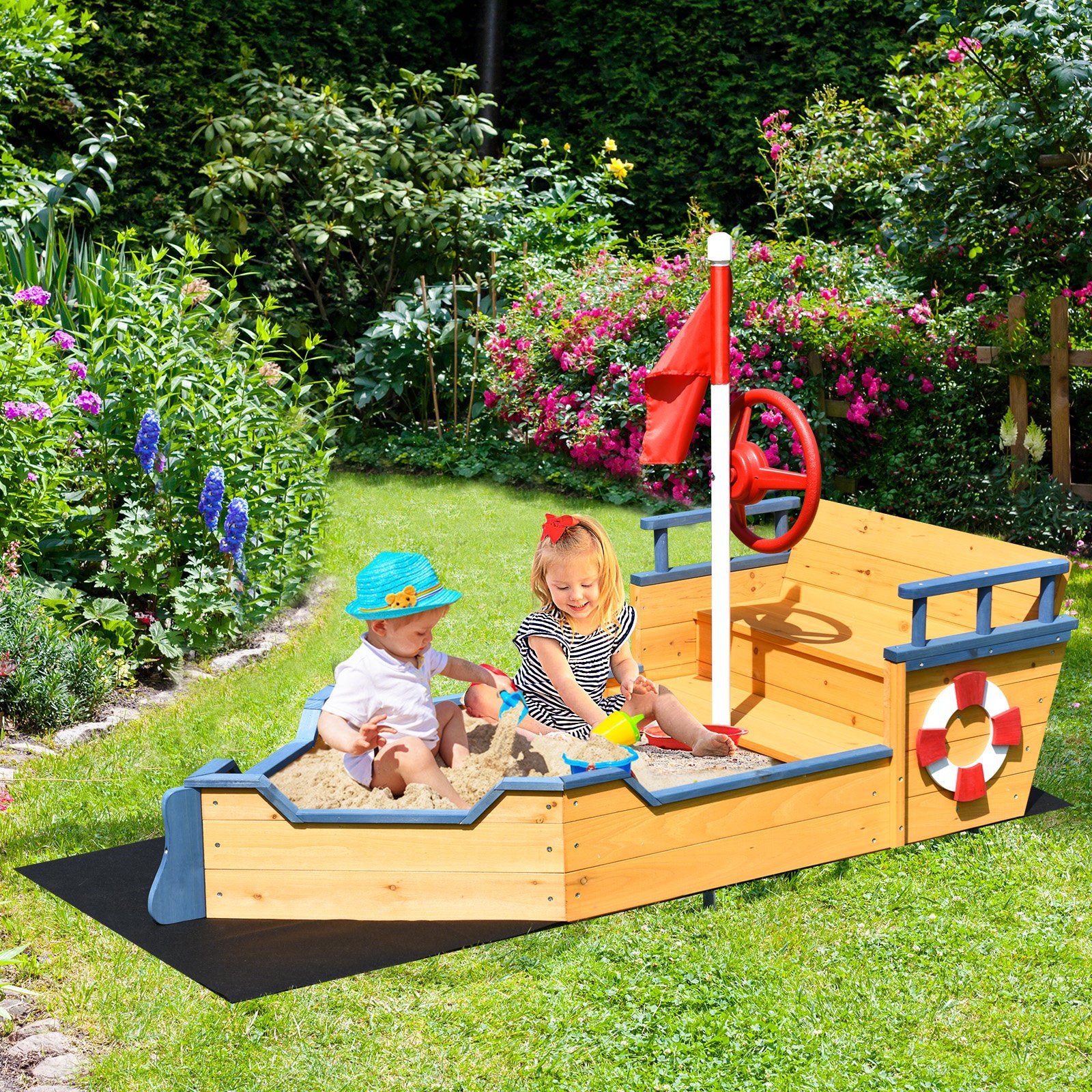 Kids Pirate Boat Wooden Sandbox Children Outdoor Playset, Natural Sandboxes   at Gallery Canada