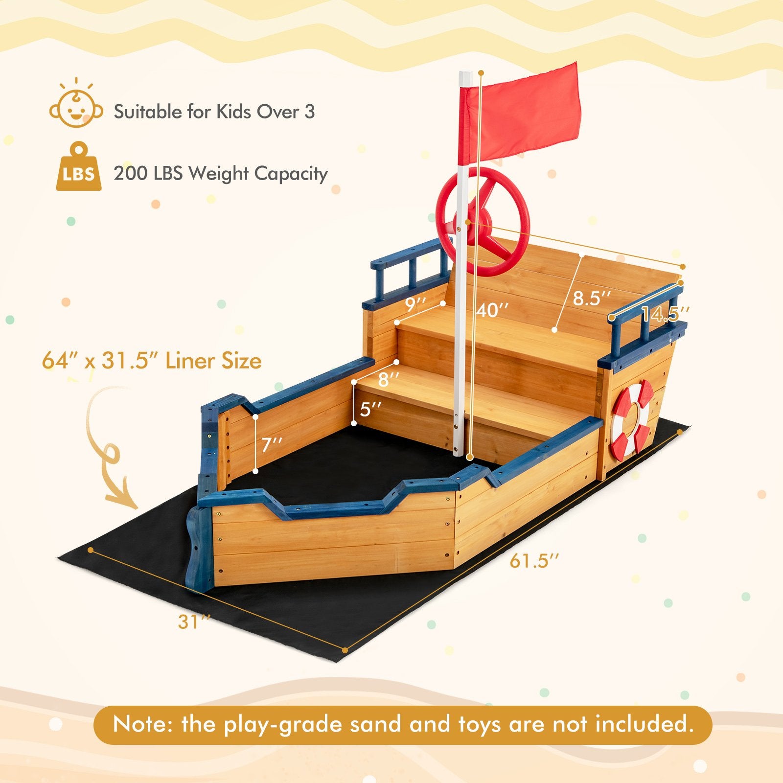 Kids Pirate Boat Wooden Sandbox Children Outdoor Playset, Natural Sandboxes   at Gallery Canada