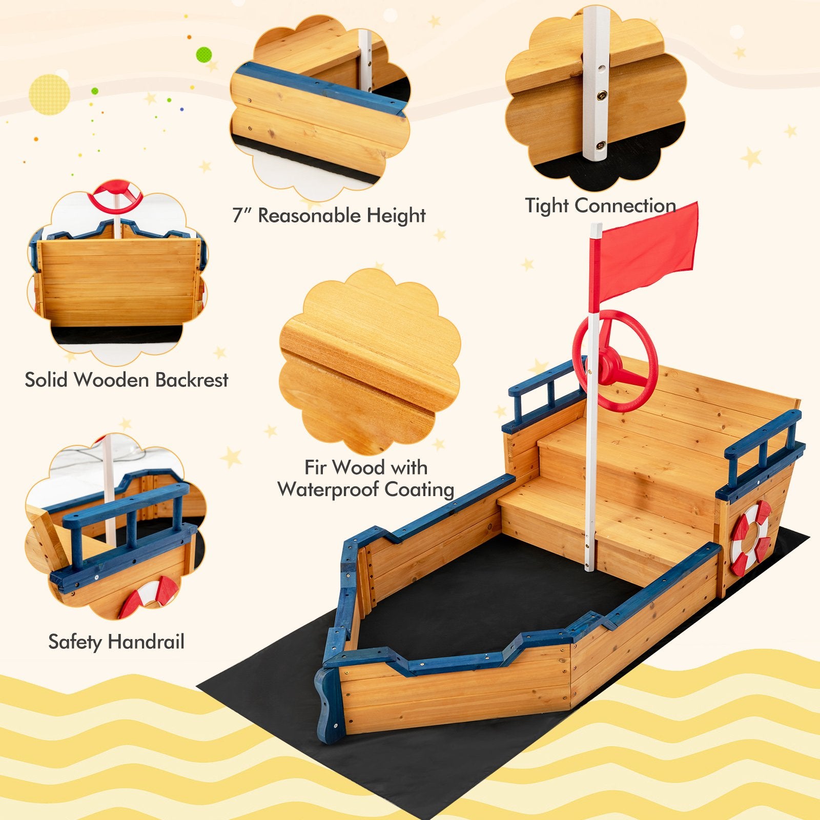 Kids Pirate Boat Wooden Sandbox Children Outdoor Playset, Natural Sandboxes   at Gallery Canada