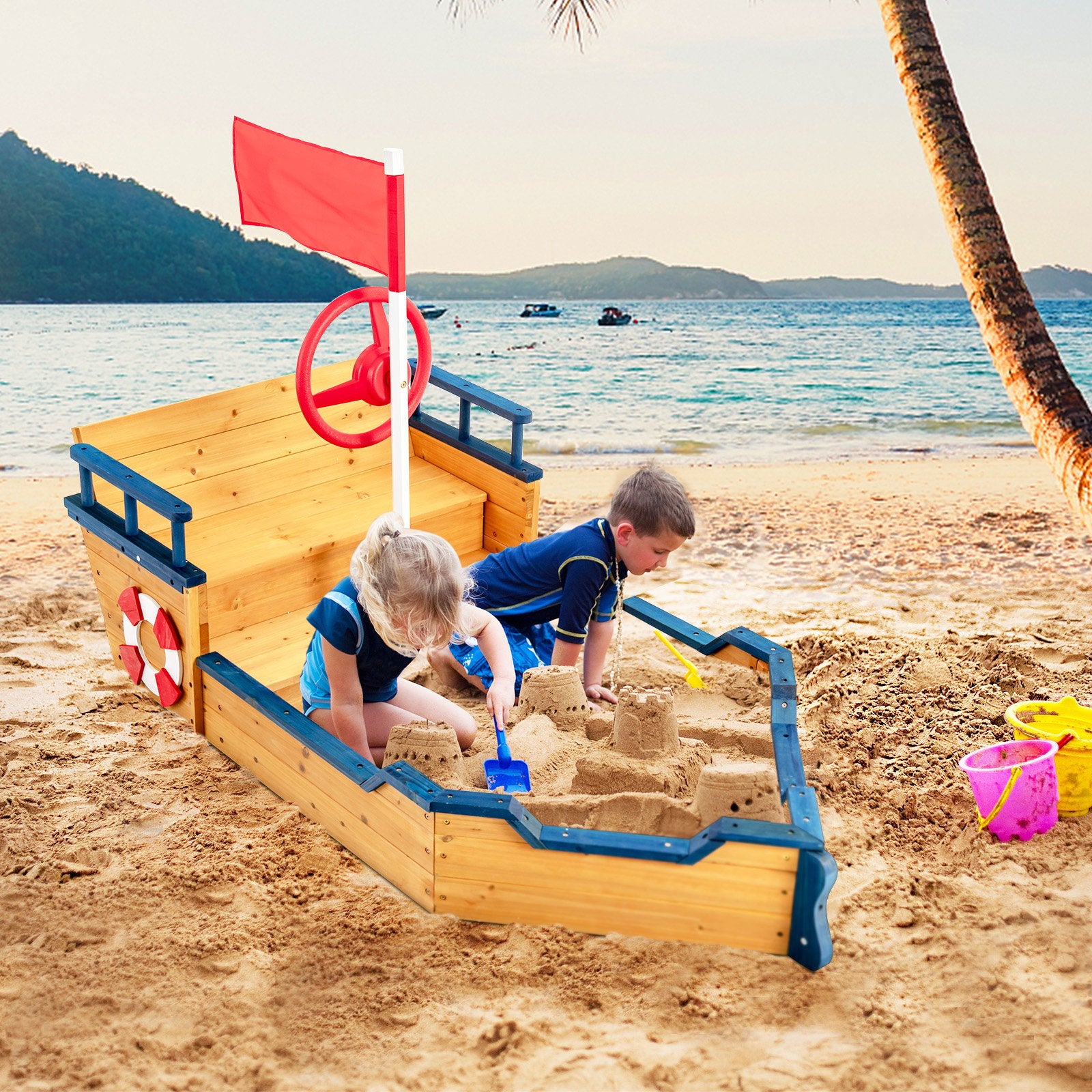 Kids Pirate Boat Wooden Sandbox Children Outdoor Playset, Natural Sandboxes   at Gallery Canada