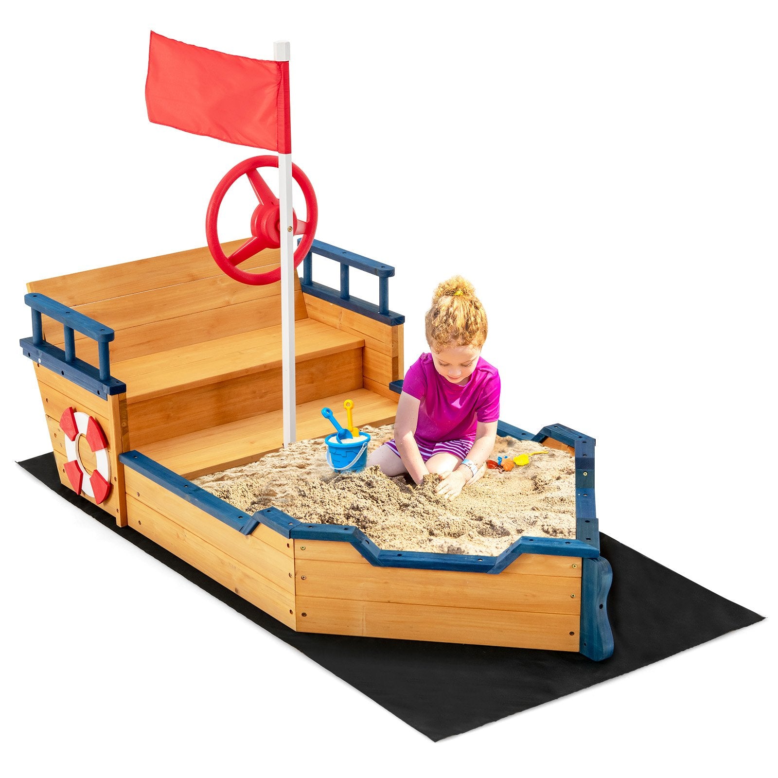 Kids Pirate Boat Wooden Sandbox Children Outdoor Playset, Natural Sandboxes   at Gallery Canada