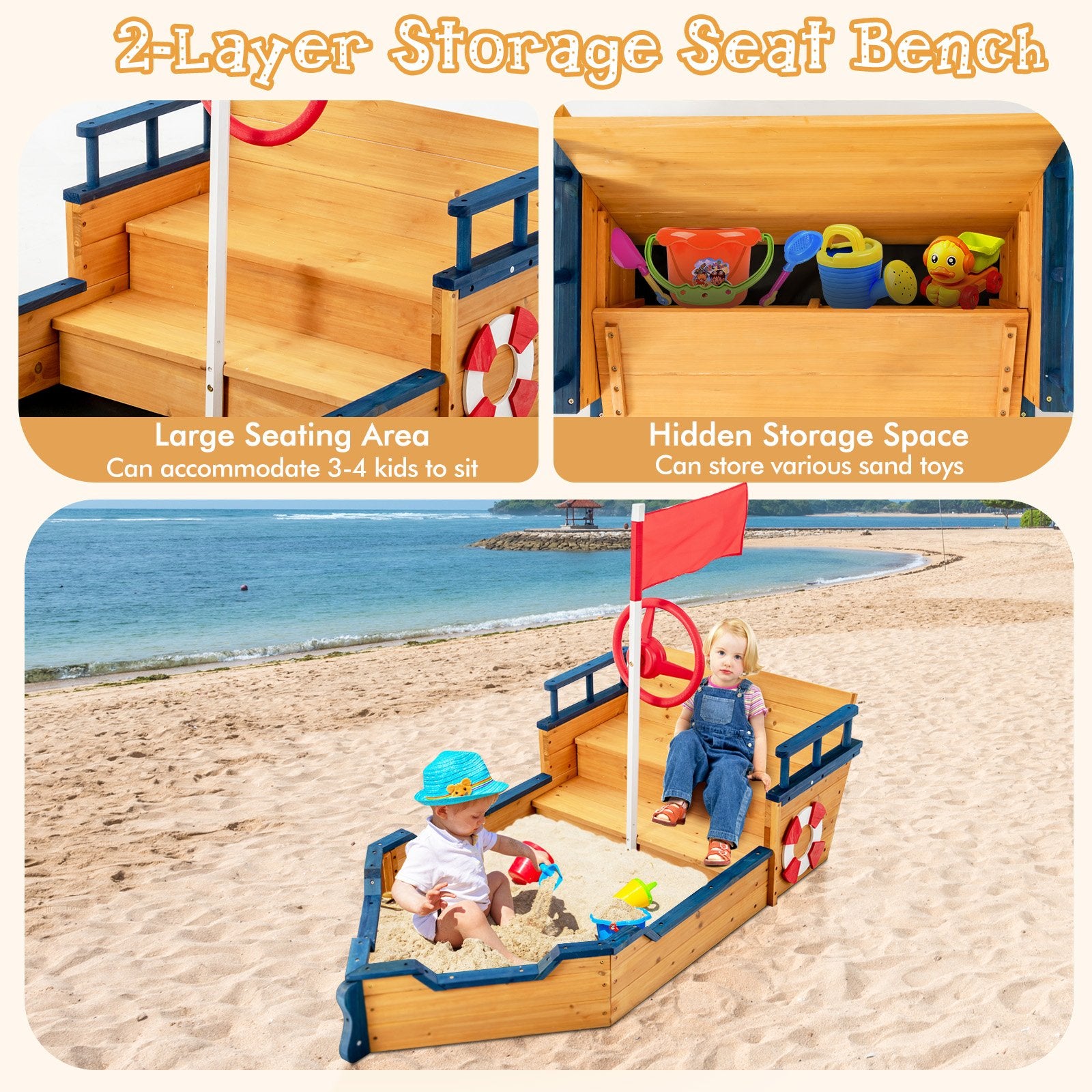 Kids Pirate Boat Wooden Sandbox Children Outdoor Playset, Natural Sandboxes   at Gallery Canada