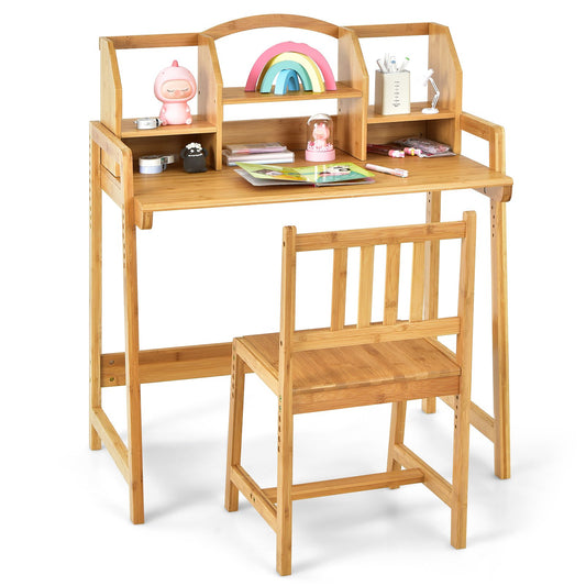 Bamboo Kids Study Desk and Chair Set with Bookshelf, Natural Kids Table & Chair Sets   at Gallery Canada