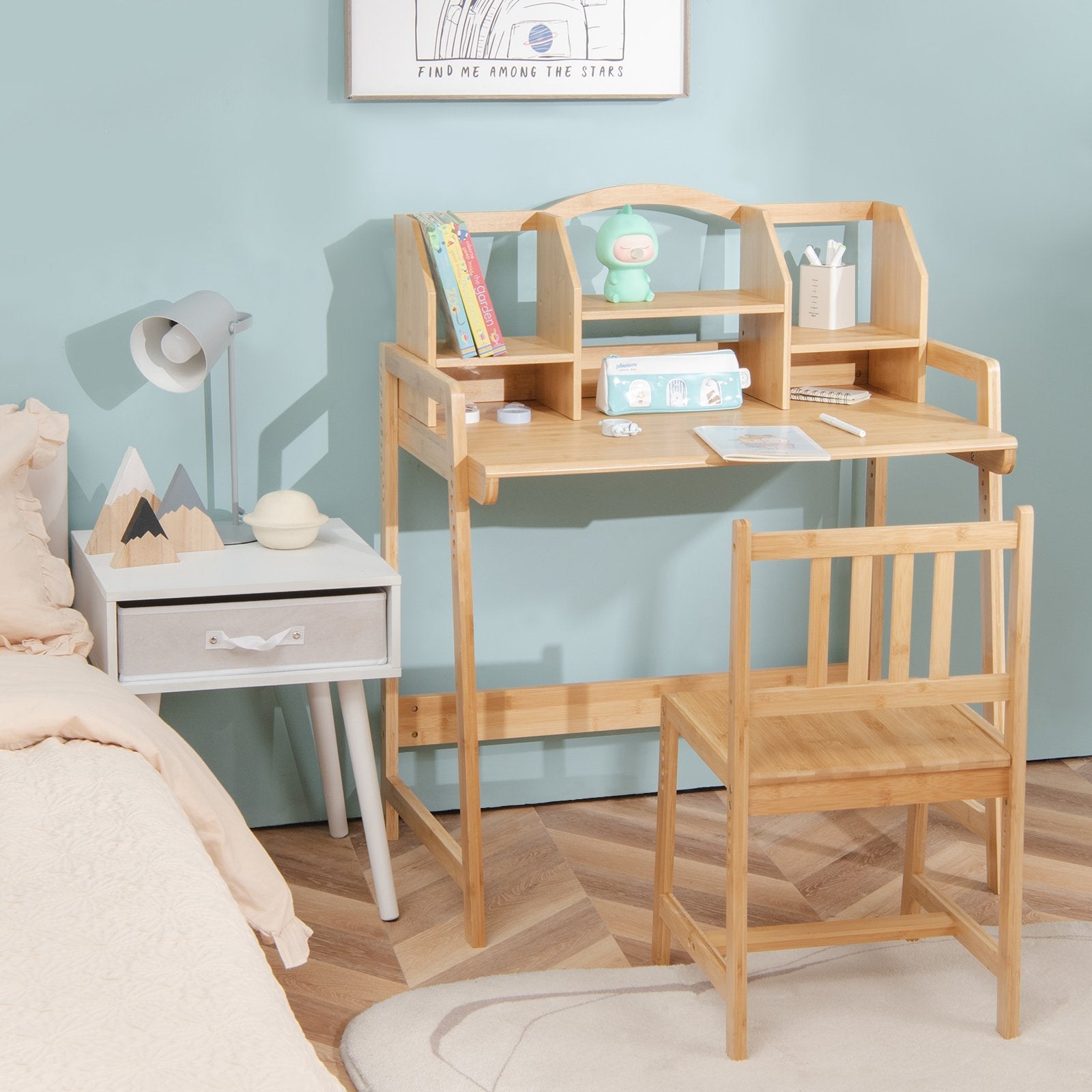 Bamboo Kids Study Desk and Chair Set with Bookshelf, Natural Kids Table & Chair Sets   at Gallery Canada