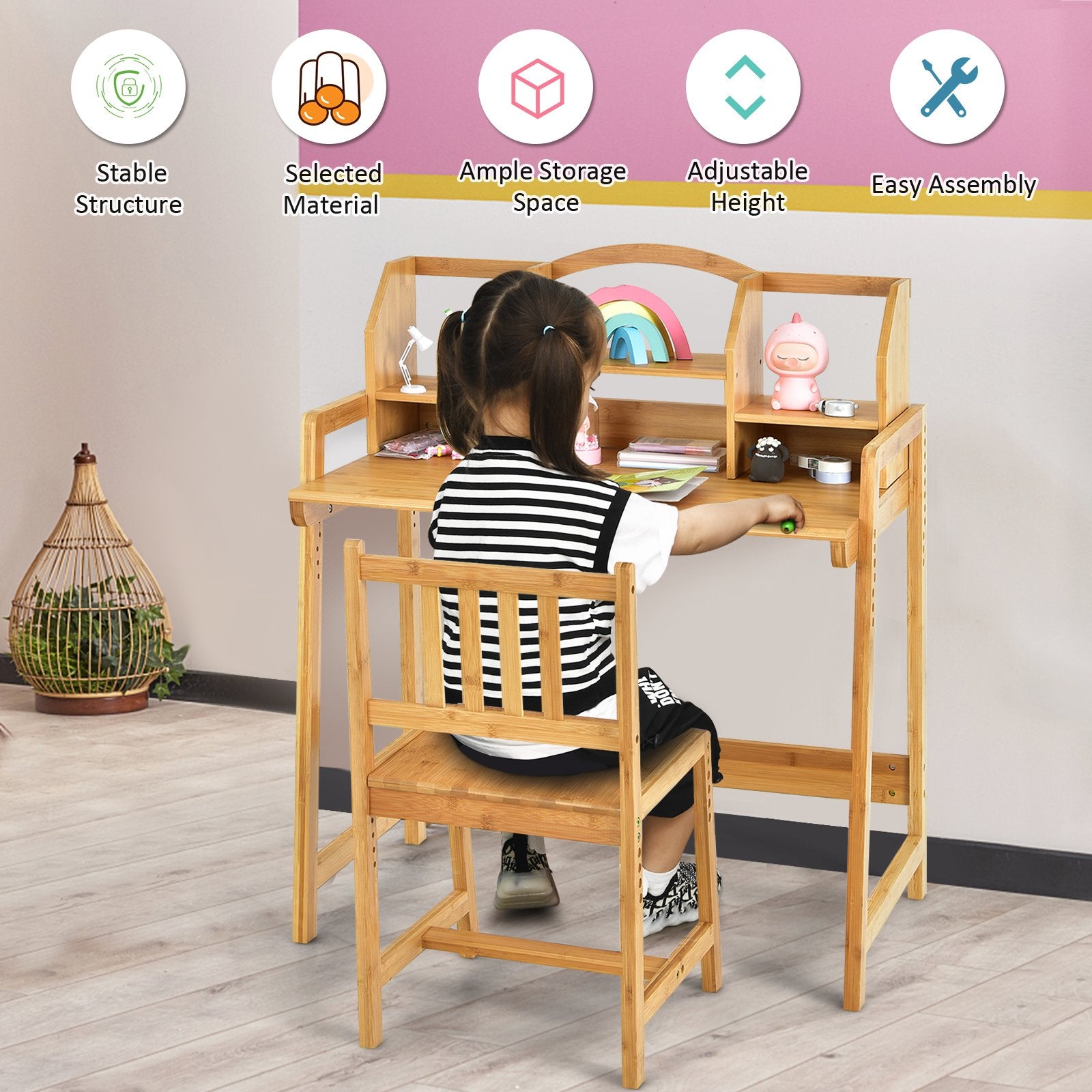 Bamboo Kids Study Desk and Chair Set with Bookshelf, Natural Kids Table & Chair Sets   at Gallery Canada