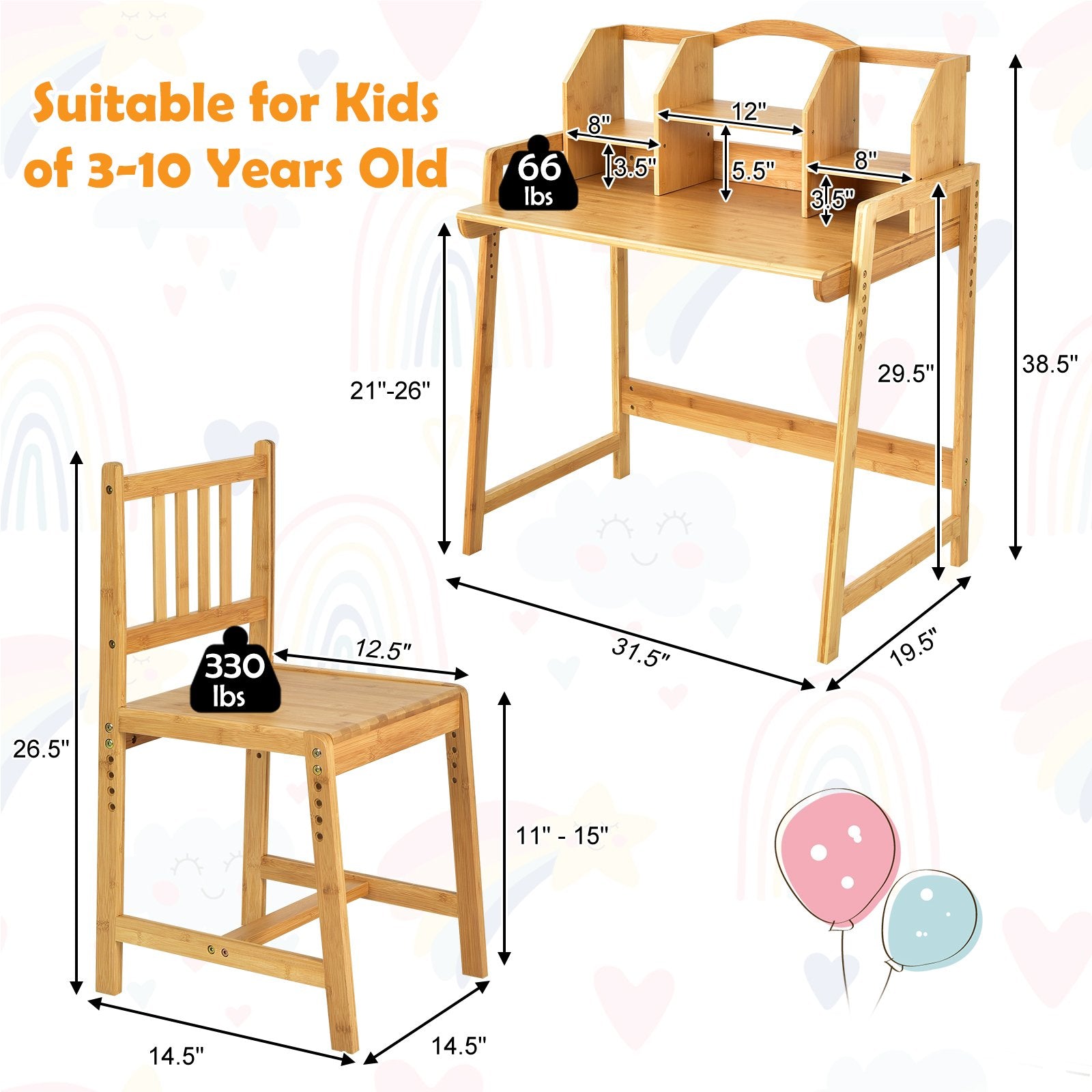 Bamboo Kids Study Desk and Chair Set with Bookshelf, Natural Kids Table & Chair Sets   at Gallery Canada