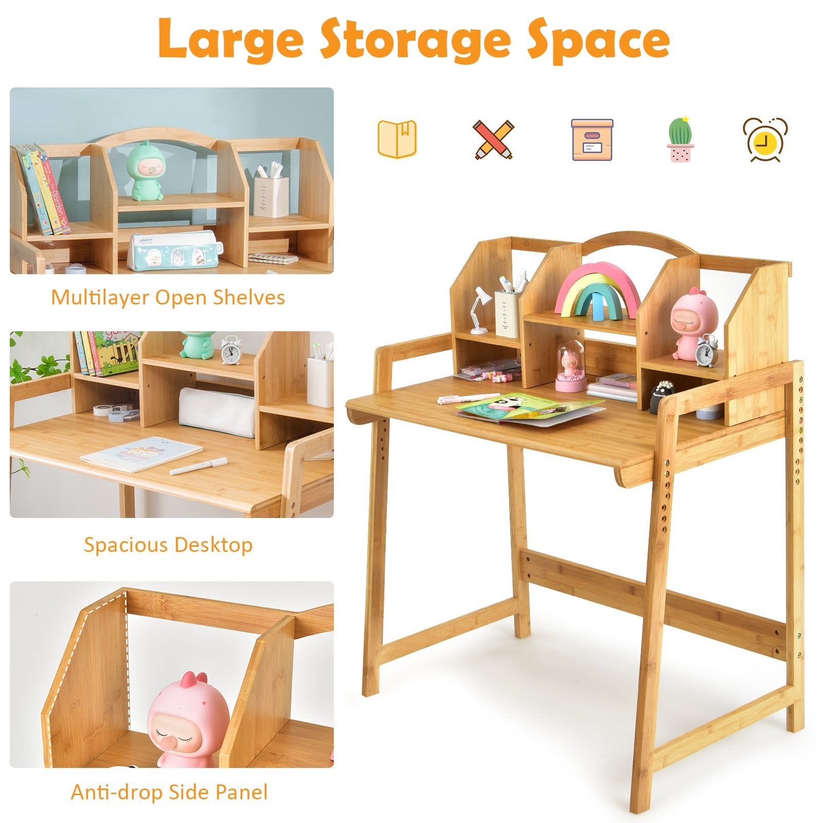 Bamboo Kids Study Desk and Chair Set with Bookshelf, Natural Kids Table & Chair Sets   at Gallery Canada