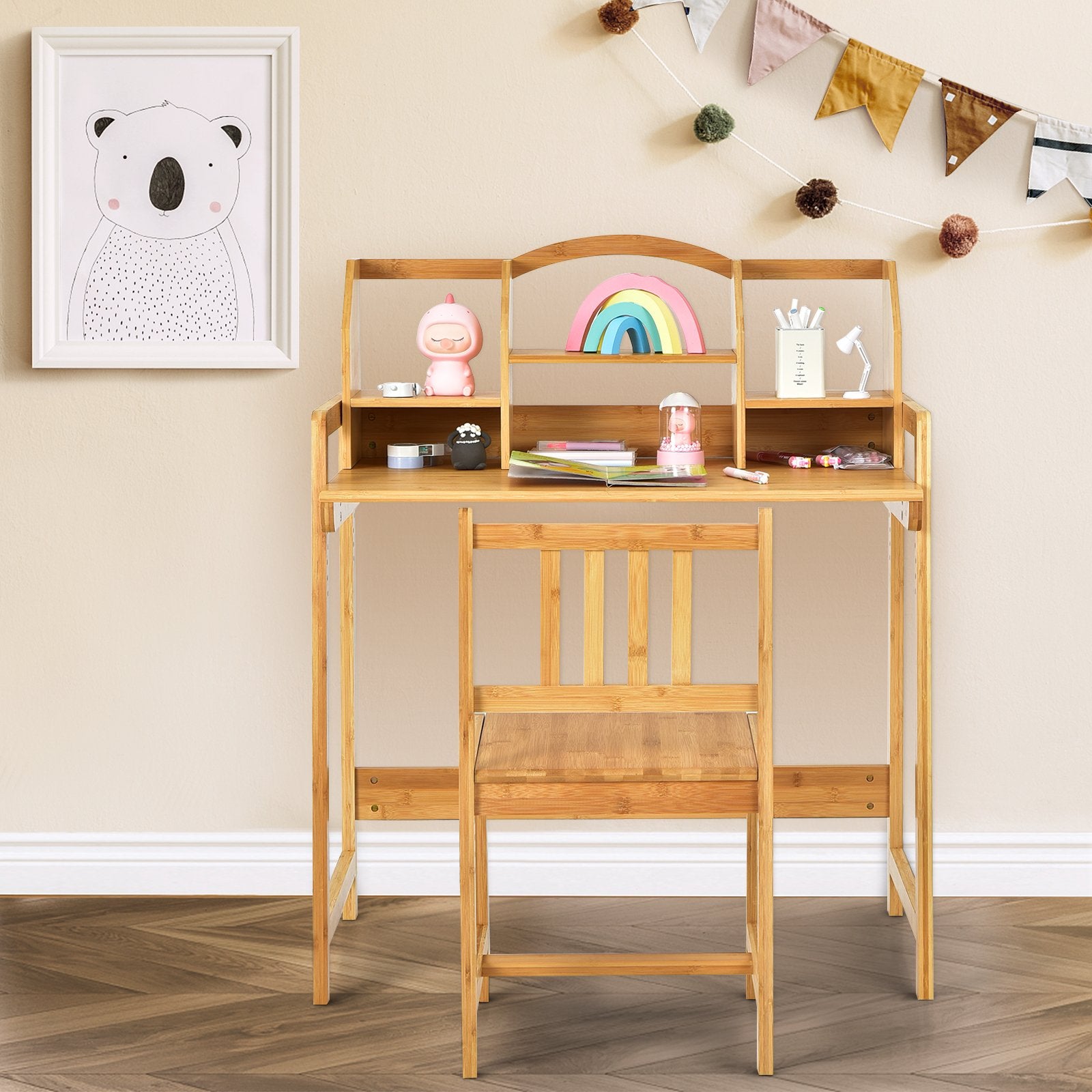 Bamboo Kids Study Desk and Chair Set with Bookshelf, Natural Kids Table & Chair Sets   at Gallery Canada