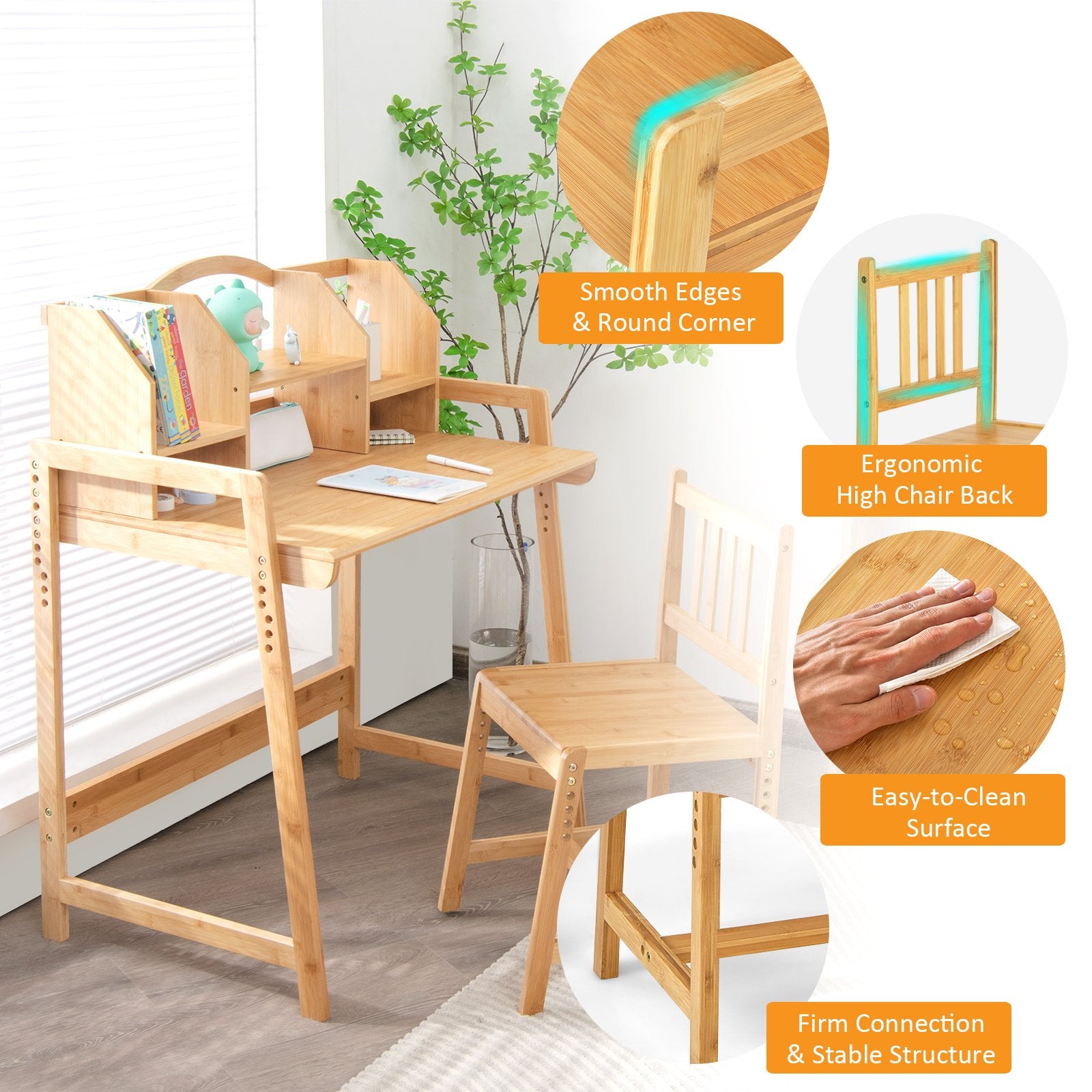 Bamboo Kids Study Desk and Chair Set with Bookshelf, Natural Kids Table & Chair Sets   at Gallery Canada