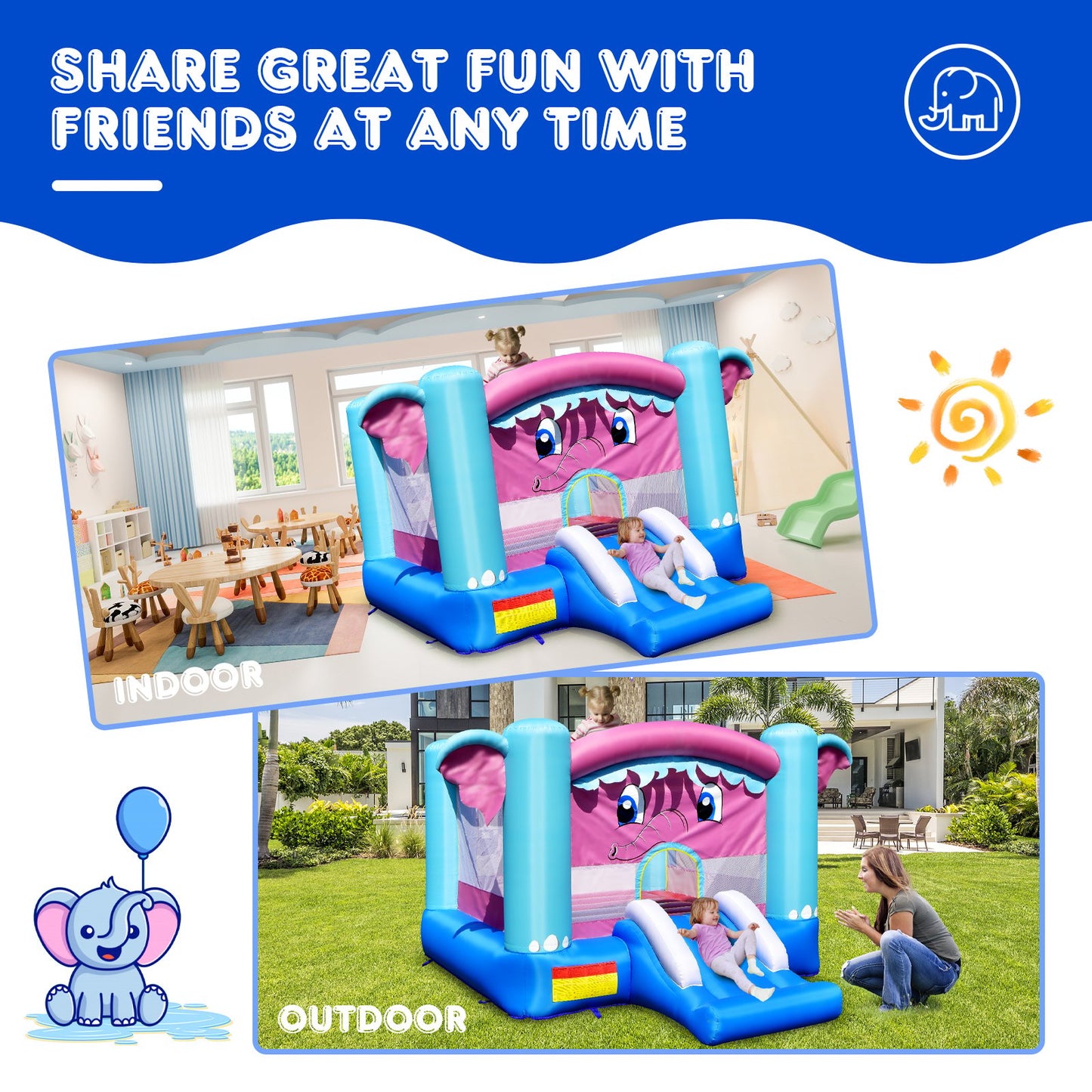 3-in-1 Elephant Theme Inflatable Castle without Blower - Gallery Canada