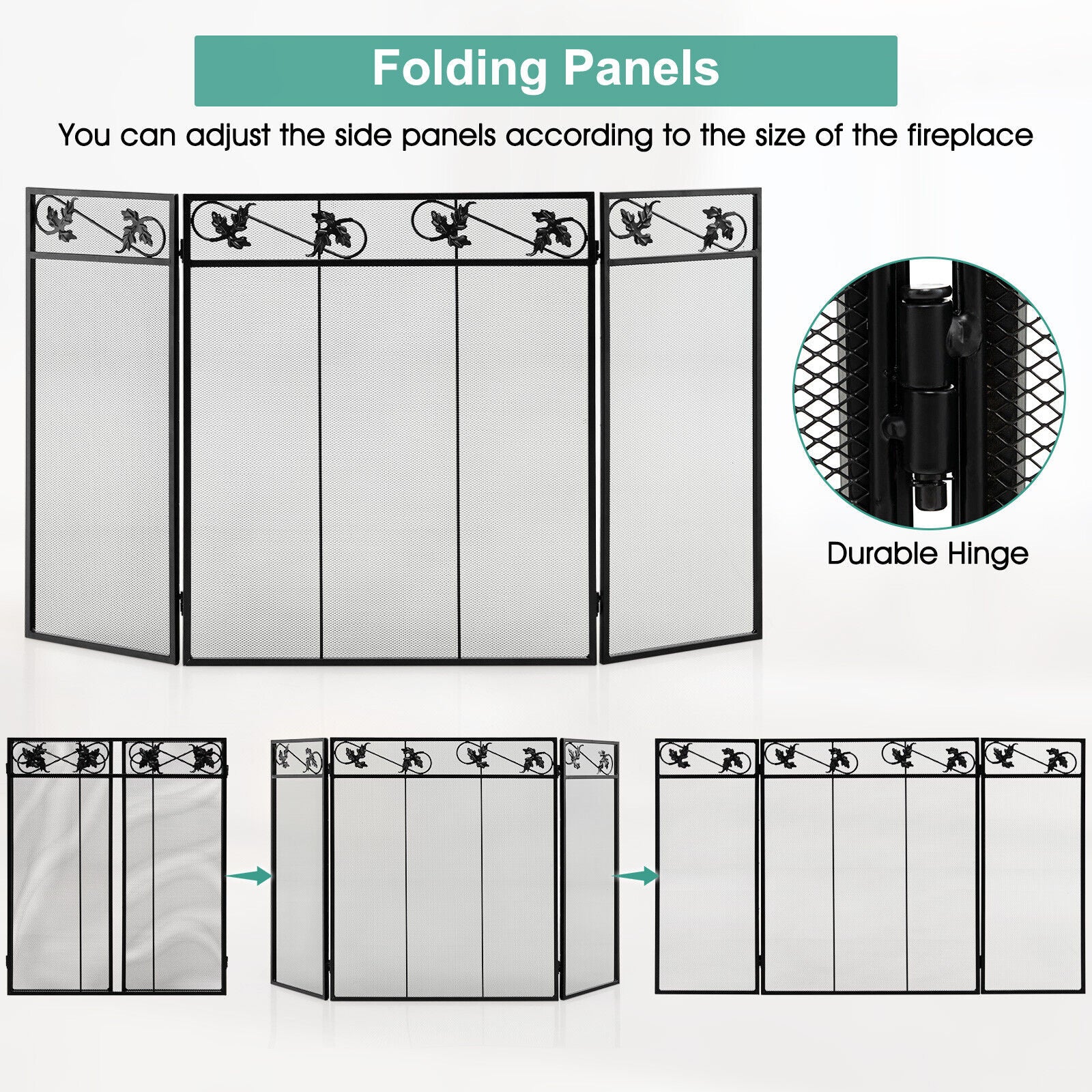 3-Panel Fireplace Screen Decor Cover with Exquisite Pattern, Black Fireplace Tools   at Gallery Canada