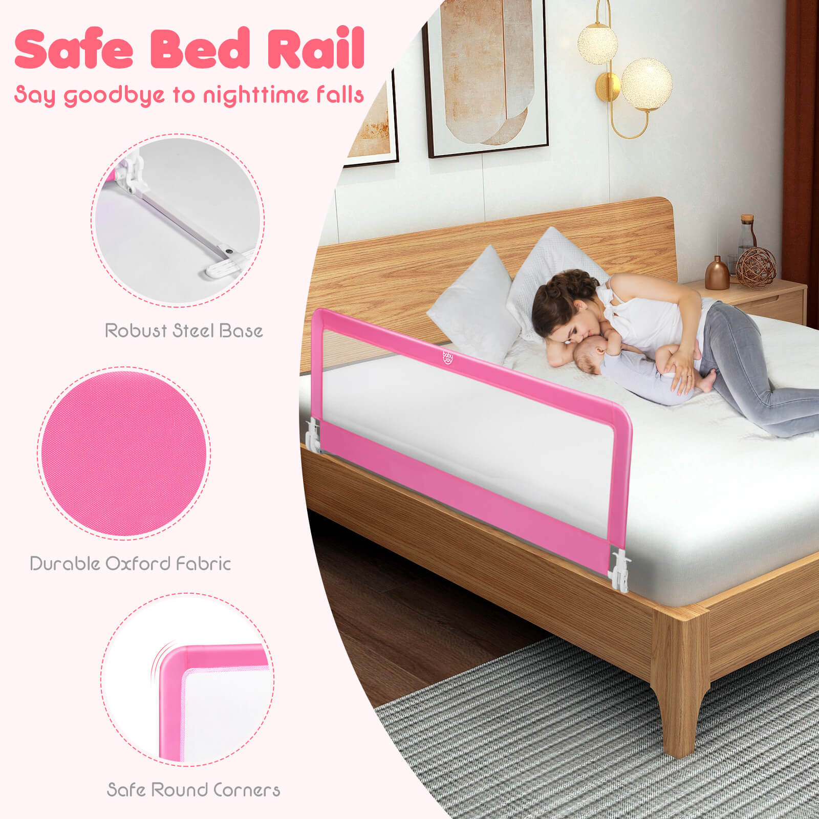 59 Inch Extra Long Folding Breathable Baby Children Toddlers Bed Rail Guard with Safety Strap, Pink Bed Rails   at Gallery Canada