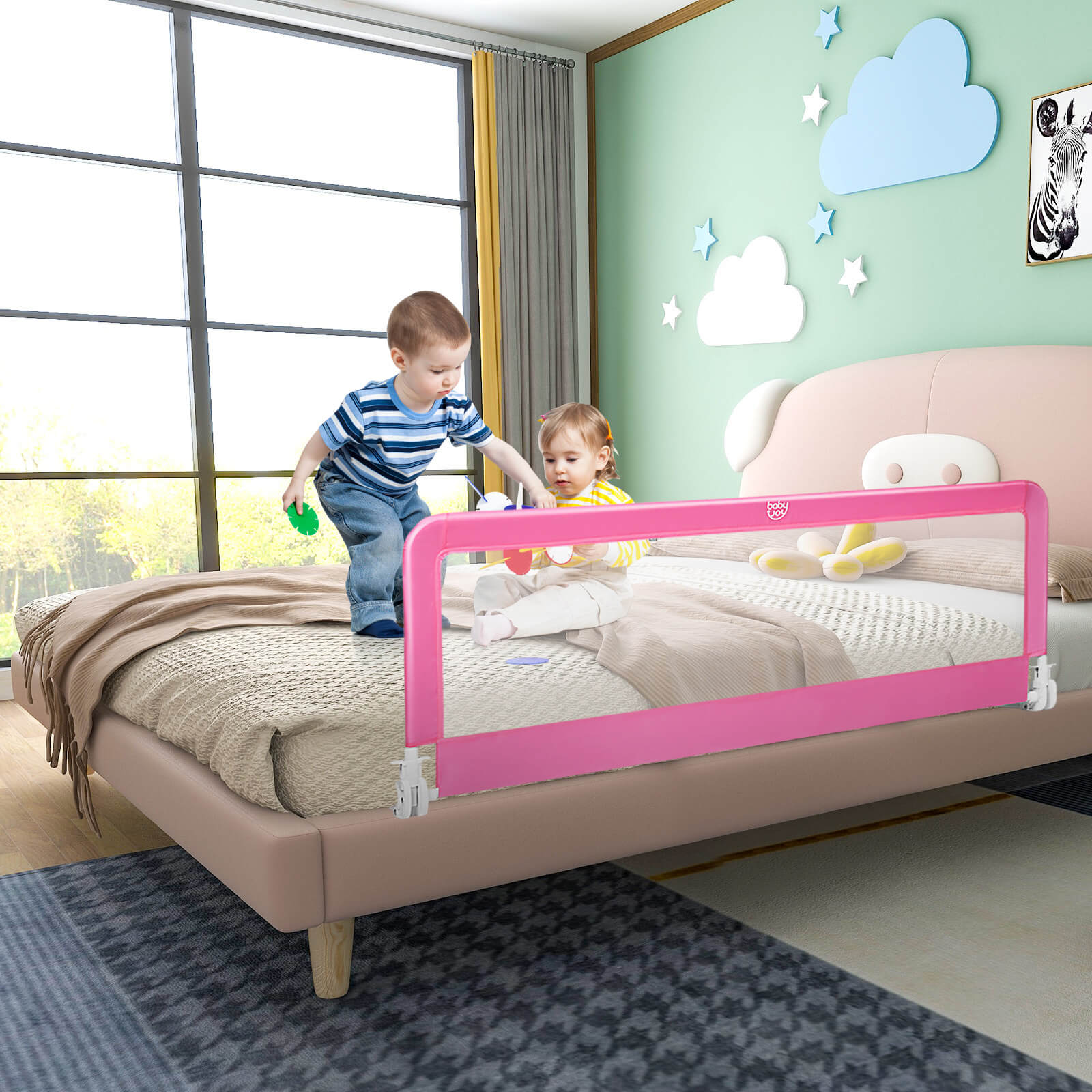 59 Inch Extra Long Folding Breathable Baby Children Toddlers Bed Rail Guard with Safety Strap, Pink Bed Rails   at Gallery Canada