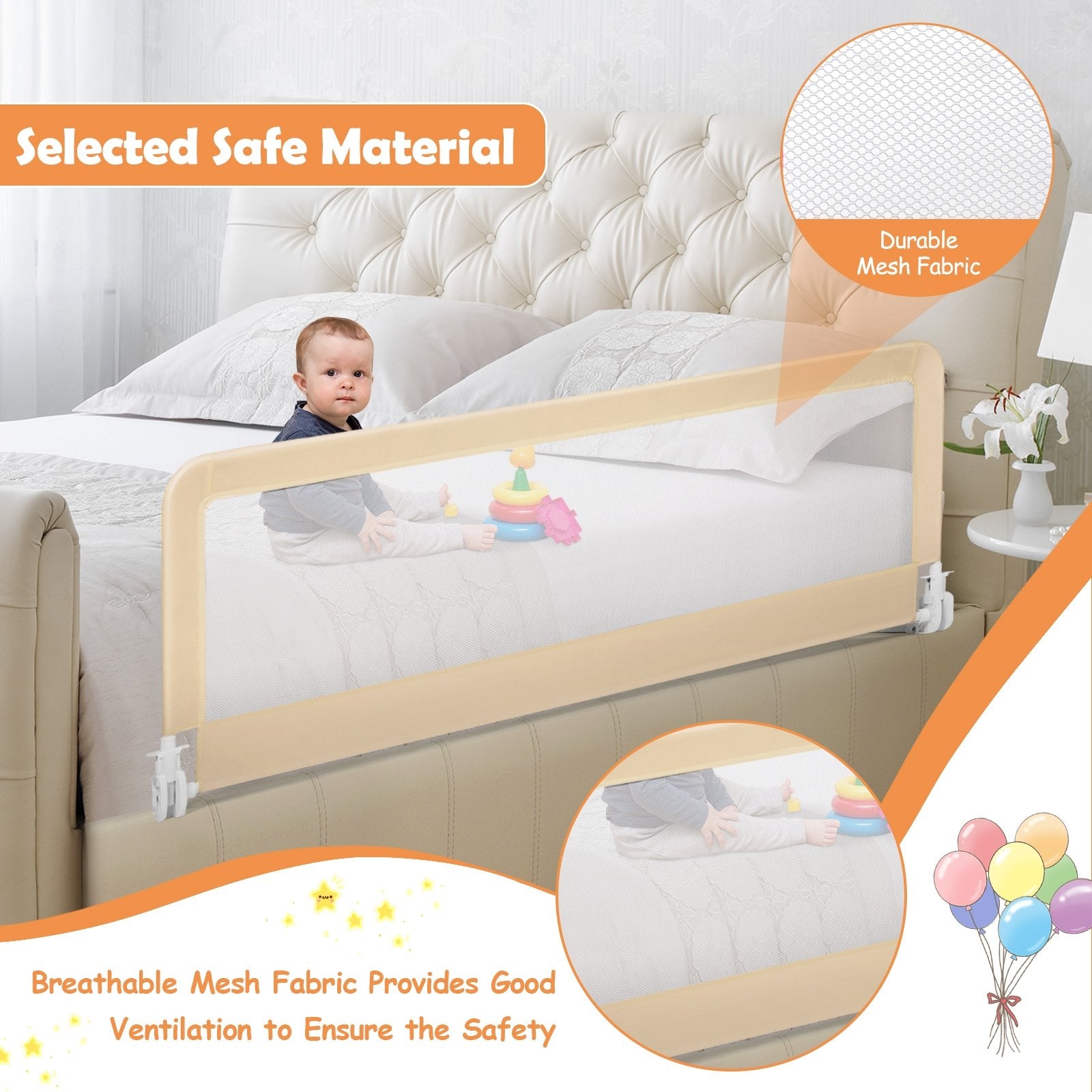 59 Inch Extra Long Folding Breathable Baby Children Toddlers Bed Rail Guard with Safety Strap, Beige Bed Rails   at Gallery Canada