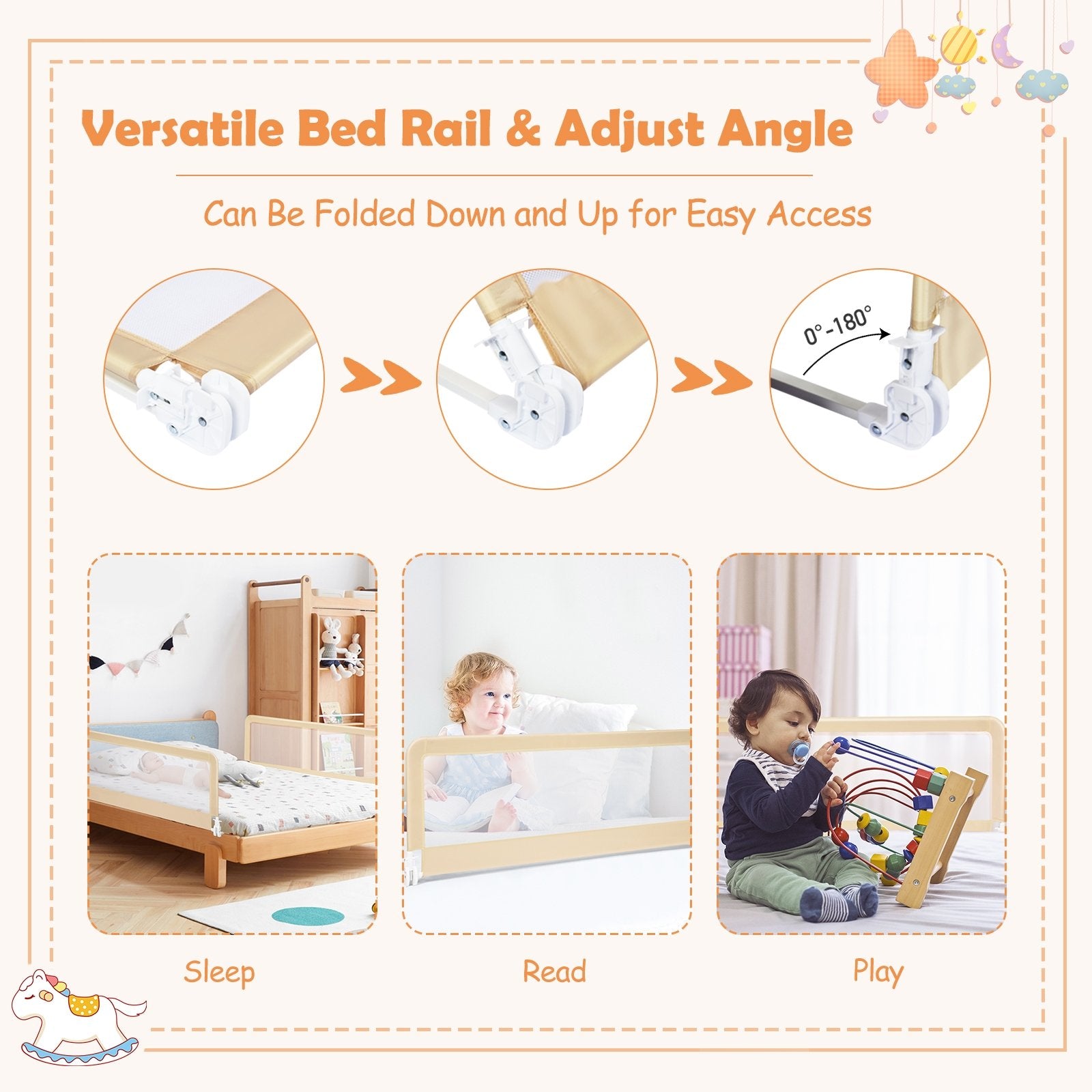 59 Inch Extra Long Folding Breathable Baby Children Toddlers Bed Rail Guard with Safety Strap, Beige Bed Rails   at Gallery Canada