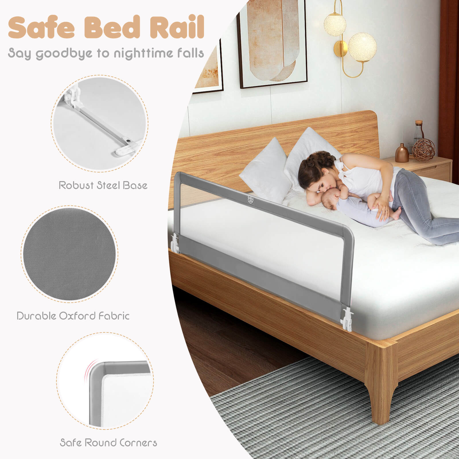 59 Inch Extra Long Folding Breathable Baby Children Toddlers Bed Rail Guard with Safety Strap, Gray Bed Rails   at Gallery Canada