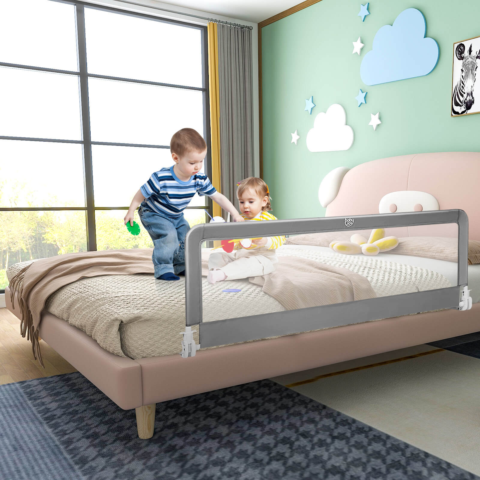 59 Inch Extra Long Folding Breathable Baby Children Toddlers Bed Rail Guard with Safety Strap, Gray Bed Rails   at Gallery Canada