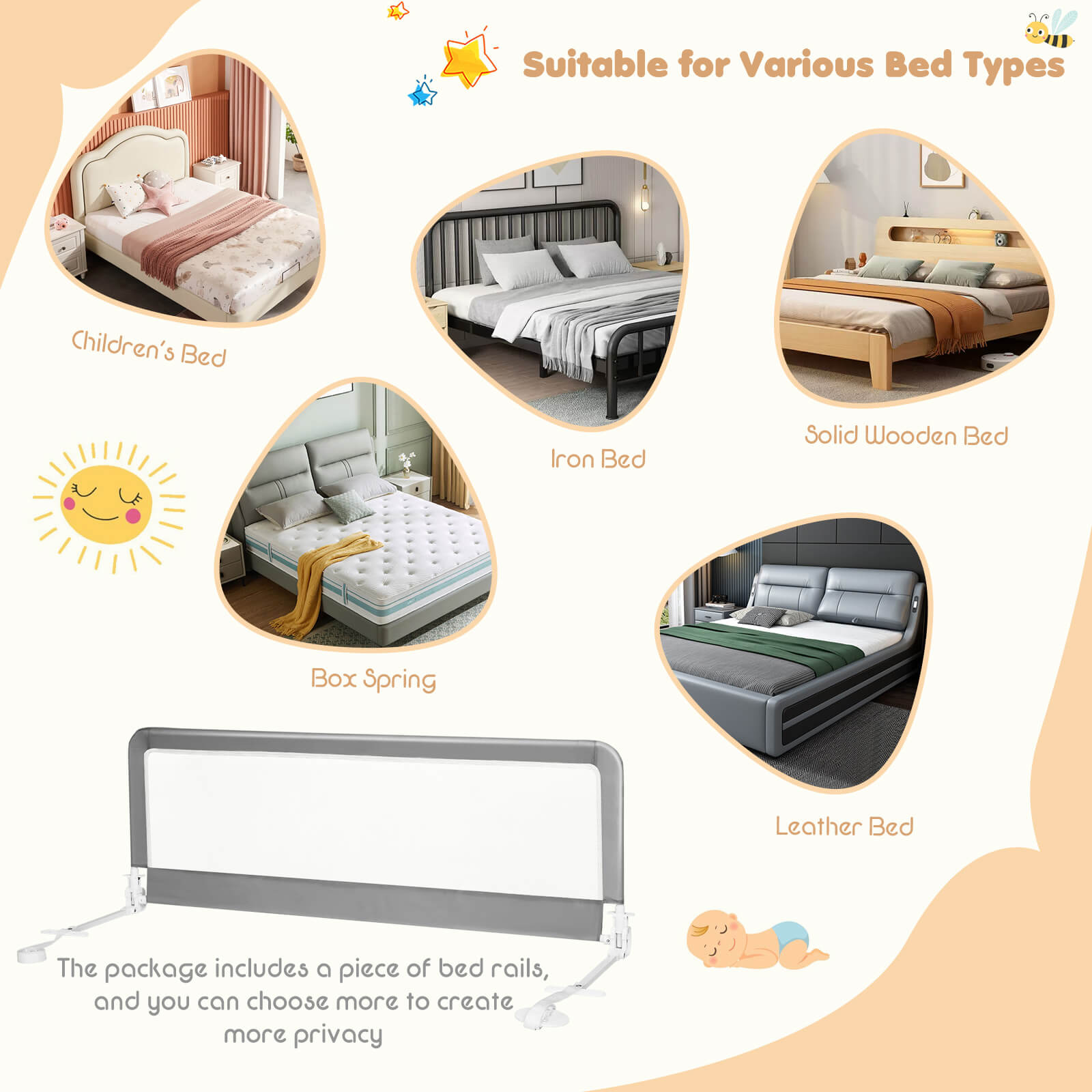 59 Inch Extra Long Folding Breathable Baby Children Toddlers Bed Rail Guard with Safety Strap, Gray Bed Rails   at Gallery Canada