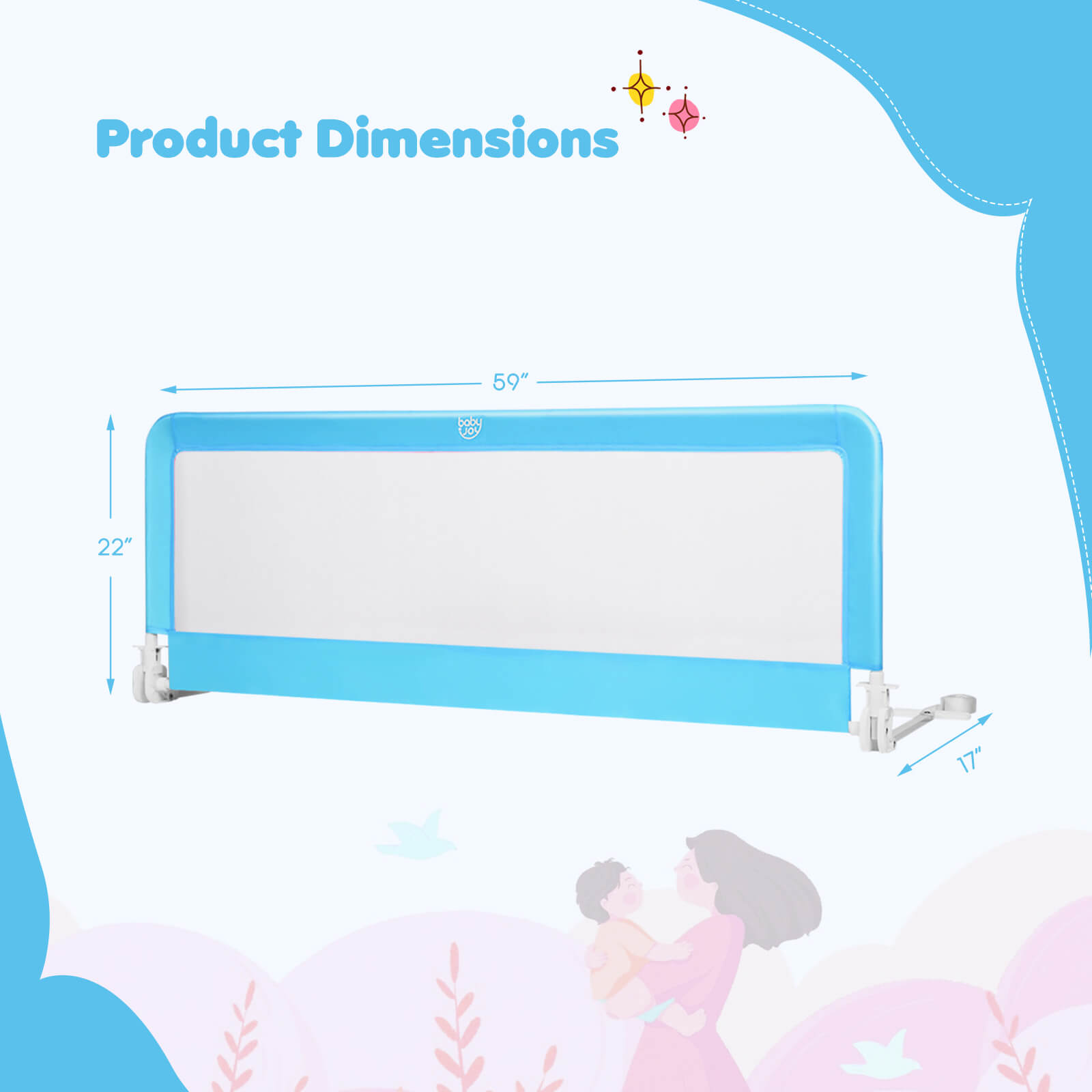 59 Inch Extra Long Folding Breathable Baby Children Toddlers Bed Rail Guard with Safety Strap, Blue Bed Rails   at Gallery Canada