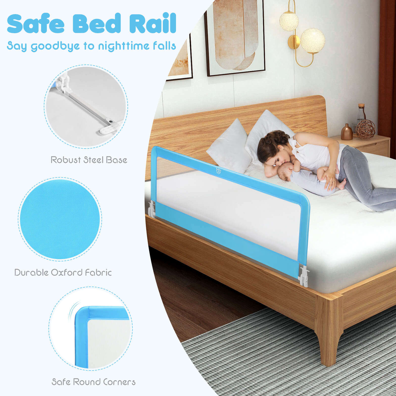 59 Inch Extra Long Folding Breathable Baby Children Toddlers Bed Rail Guard with Safety Strap, Blue Bed Rails   at Gallery Canada