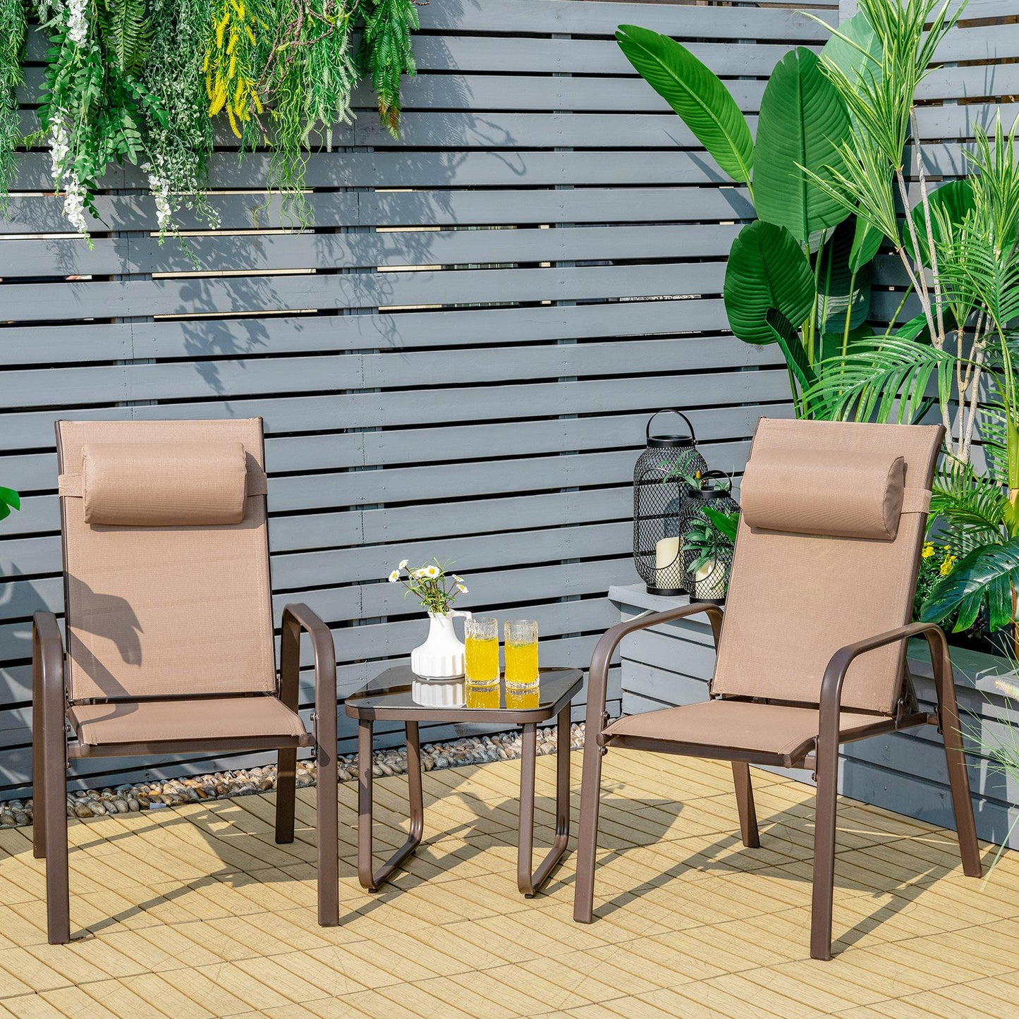 3 Pieces Patio Bistro Furniture Set with Adjustable Backrest, Brown - Gallery Canada