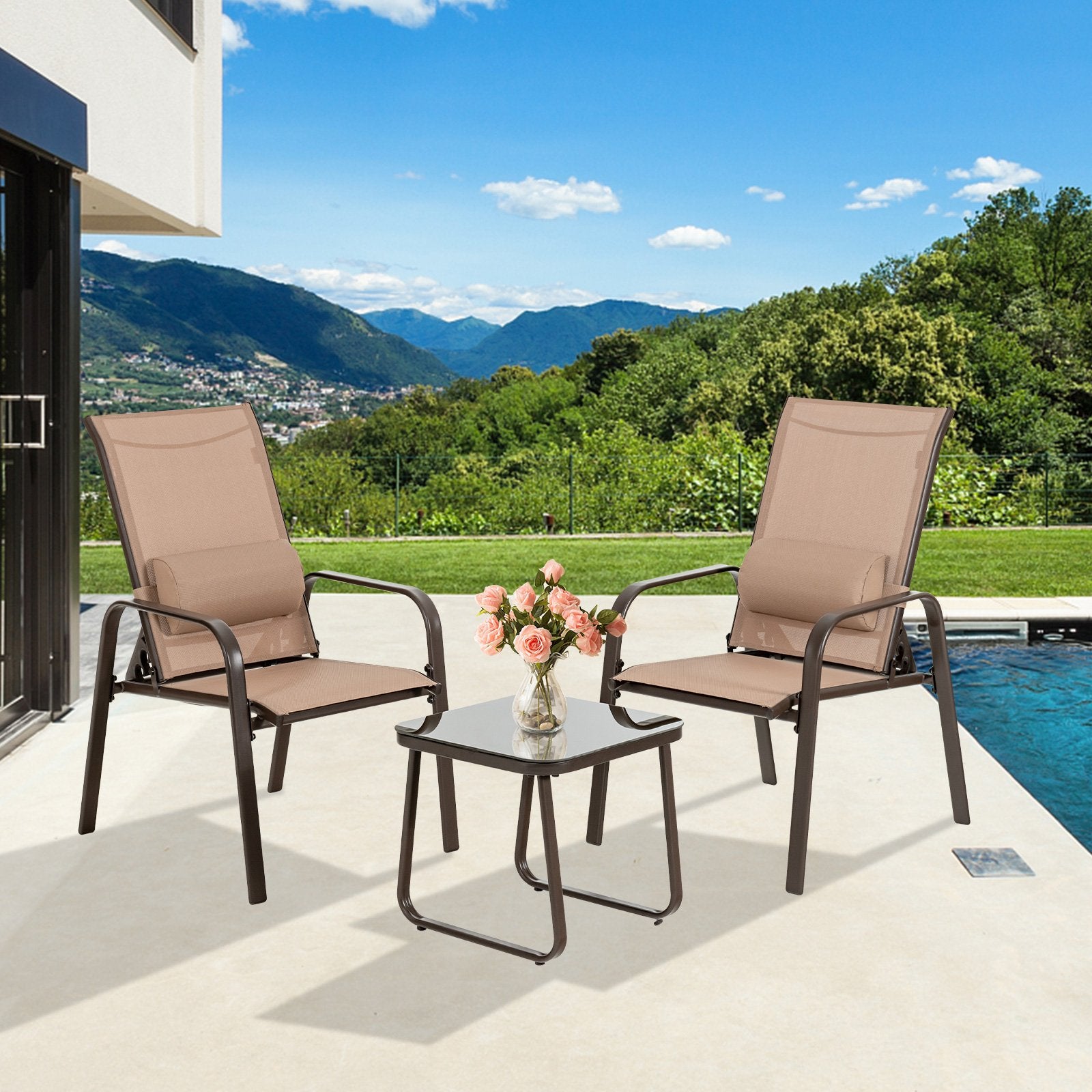 3 Pieces Patio Bistro Furniture Set with Adjustable Backrest, Brown - Gallery Canada