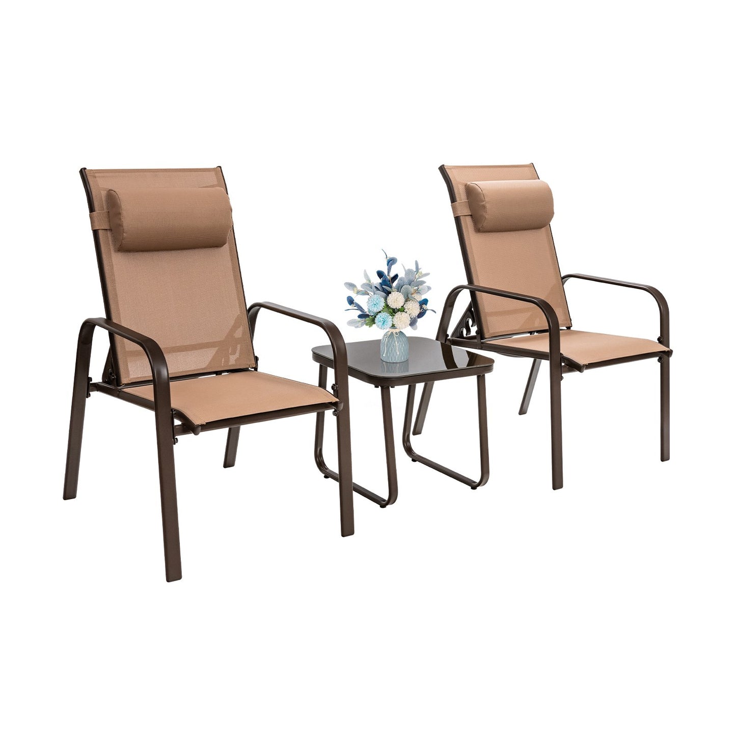 3 Pieces Patio Bistro Furniture Set with Adjustable Backrest, Brown - Gallery Canada