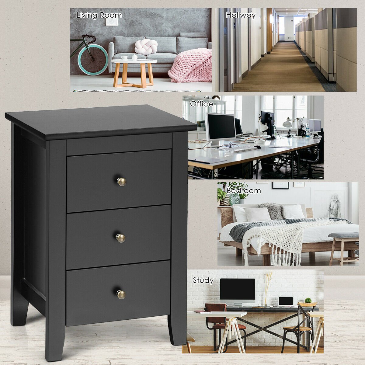 Nightstand End Beside Table Drawers Modern Storage Bedroom Furniture, Black - Gallery Canada